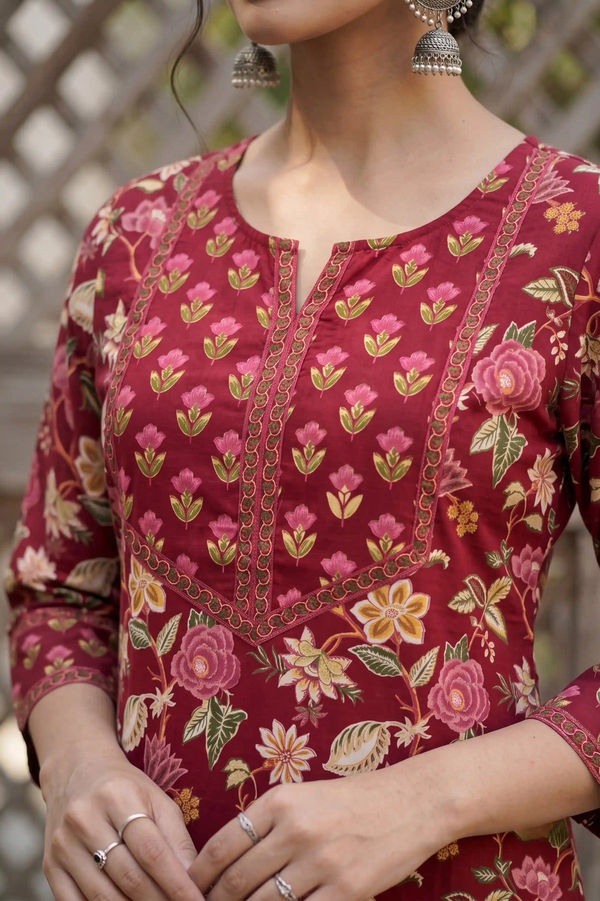 Wine Hand Printed Straight cotton Kurta