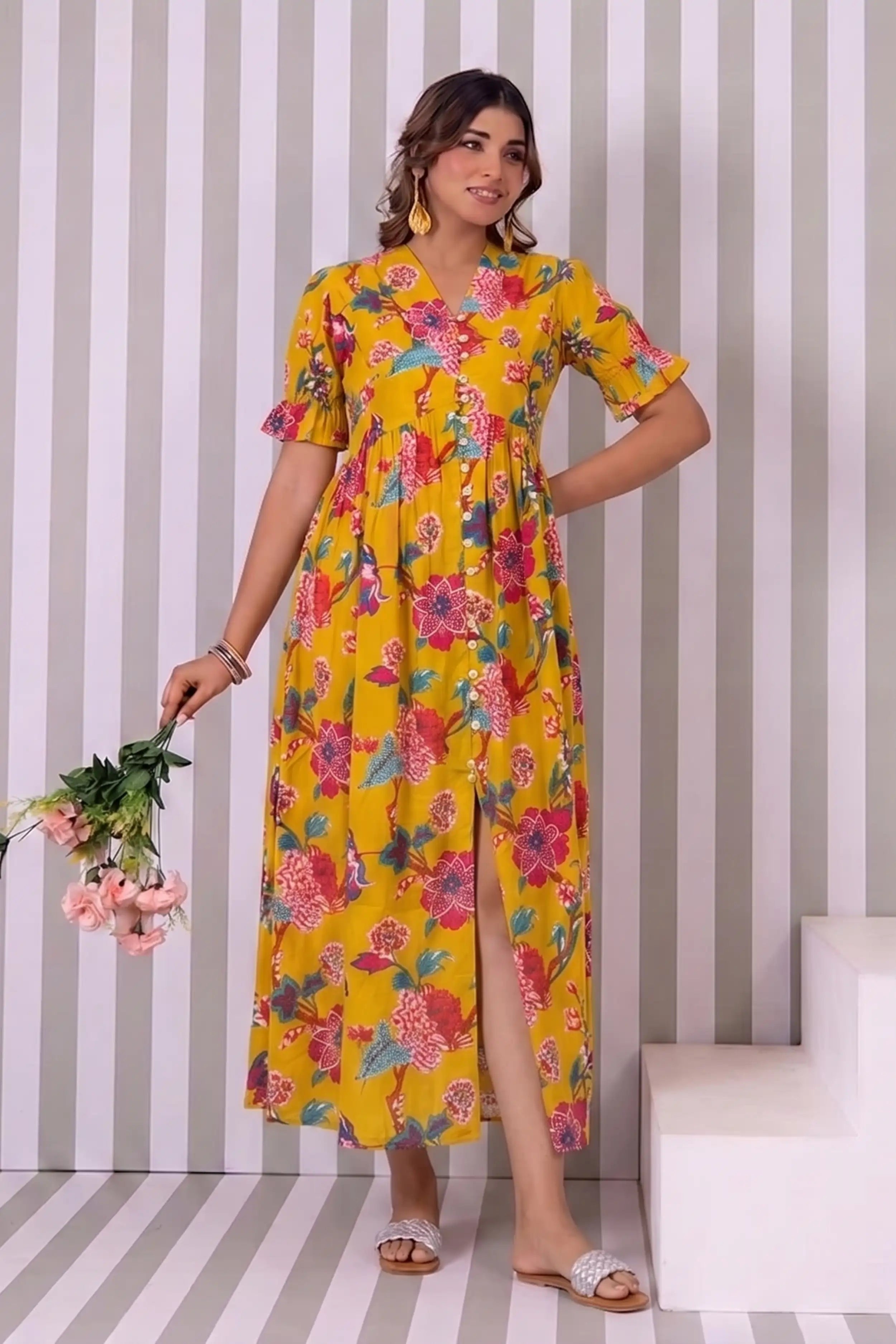 Mustard Hand Printed V-Neck Front-Open Long Dress