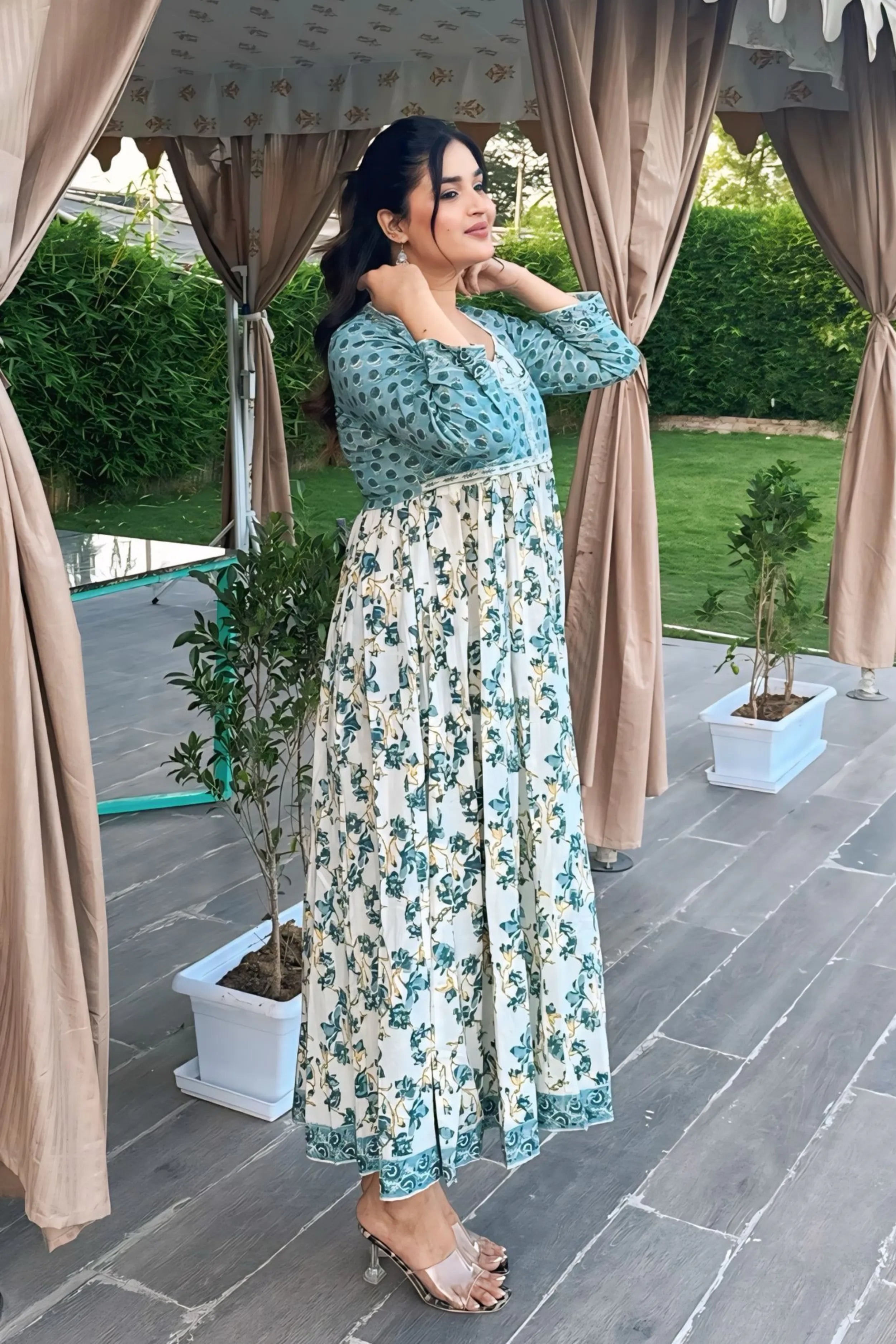 Sea Green Hand Block Floral Printed Anarkali Maxi Kurta