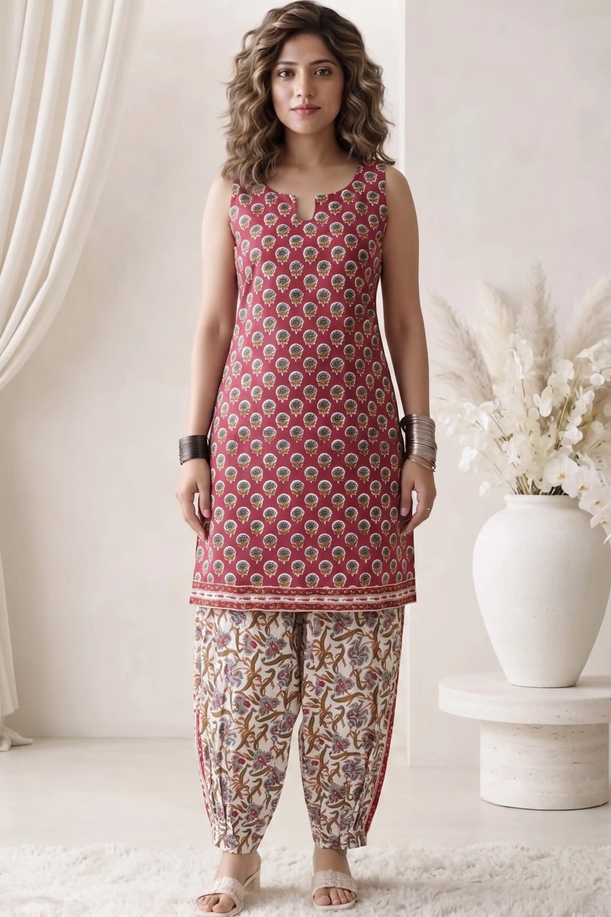 Red Sleeveless Round Neck Kurti with Trouser