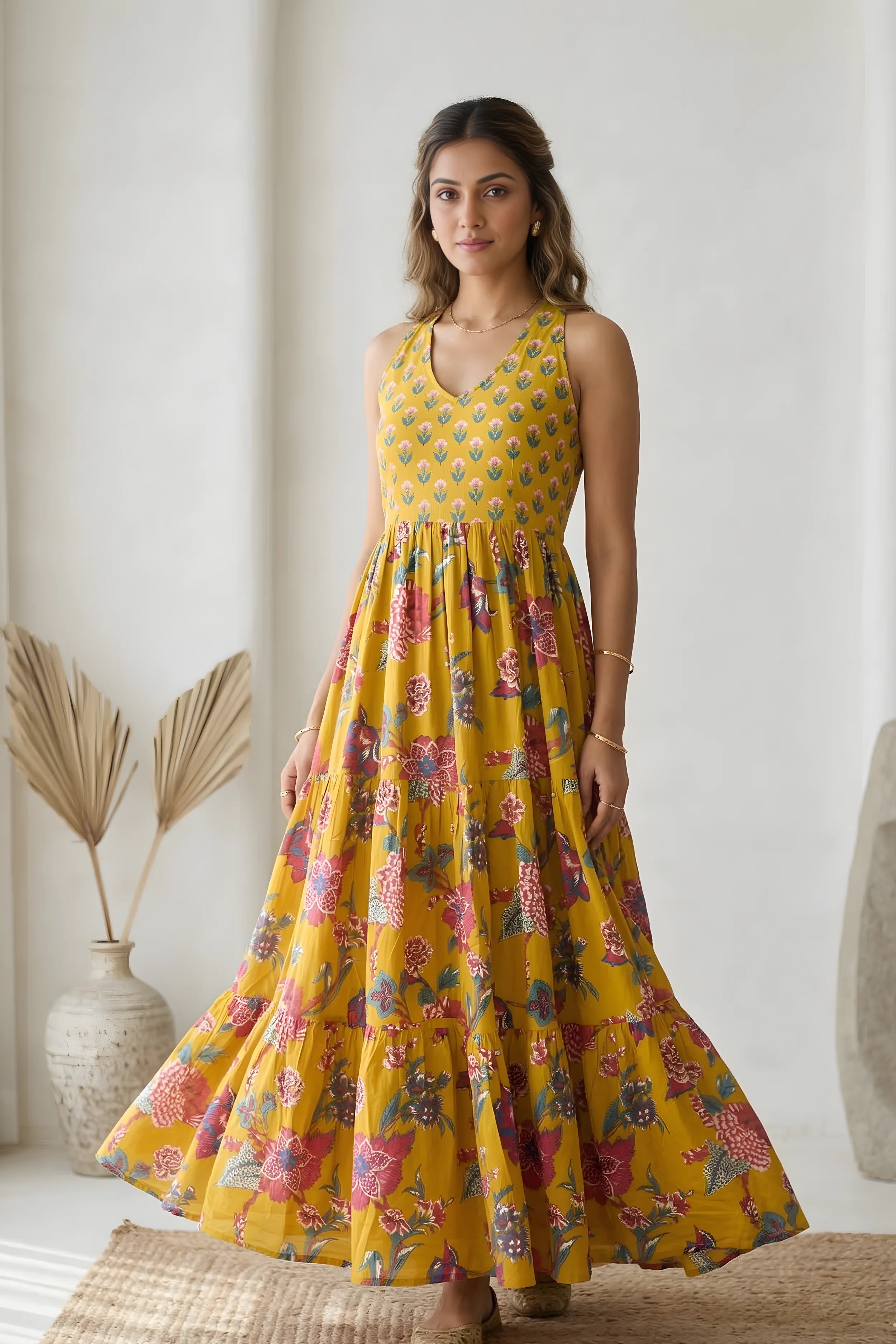 Mustard Floral Hand Printed Halter Maxi Dress