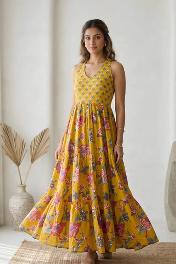Mustard Floral Hand Printed Halter Maxi Dress