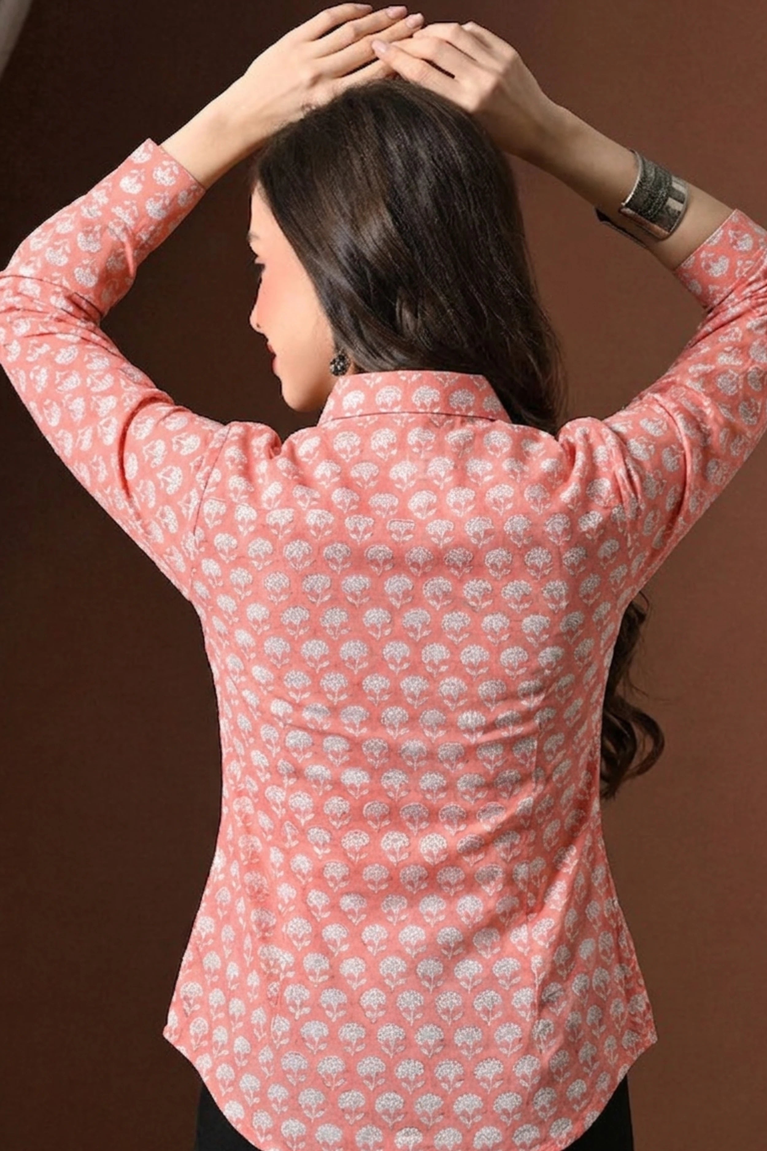 Peach Pink Hand Block Printed Collared Shirt