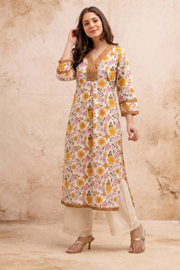 Yellow Floral V-Neck Hand Printed Straight Kurta
