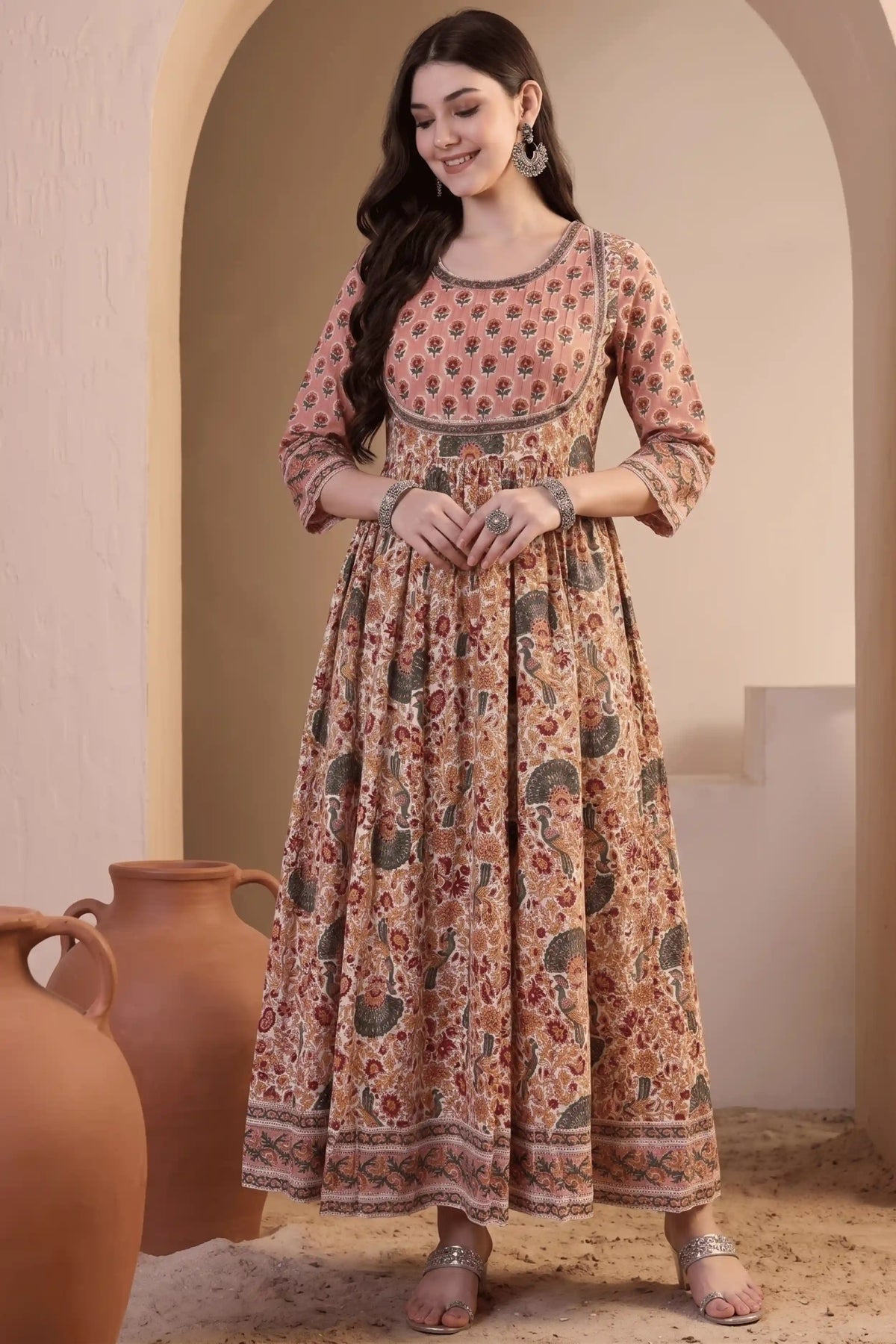 Peach Hand Block Printed Anarkali Dress with Peacock Motifs