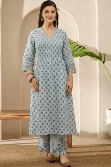Blue V neck Hand Printed Kurta Set (2 PCS)