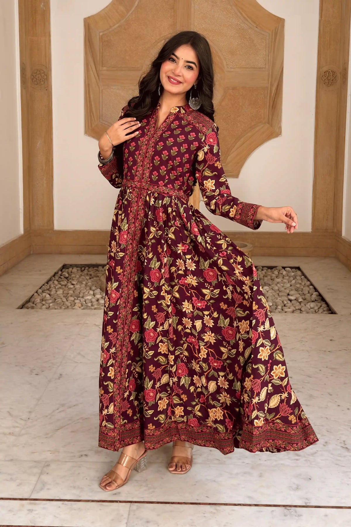 Burgundy Anarkali Cotton Hand Block Printed Ethnic Maxi Dress