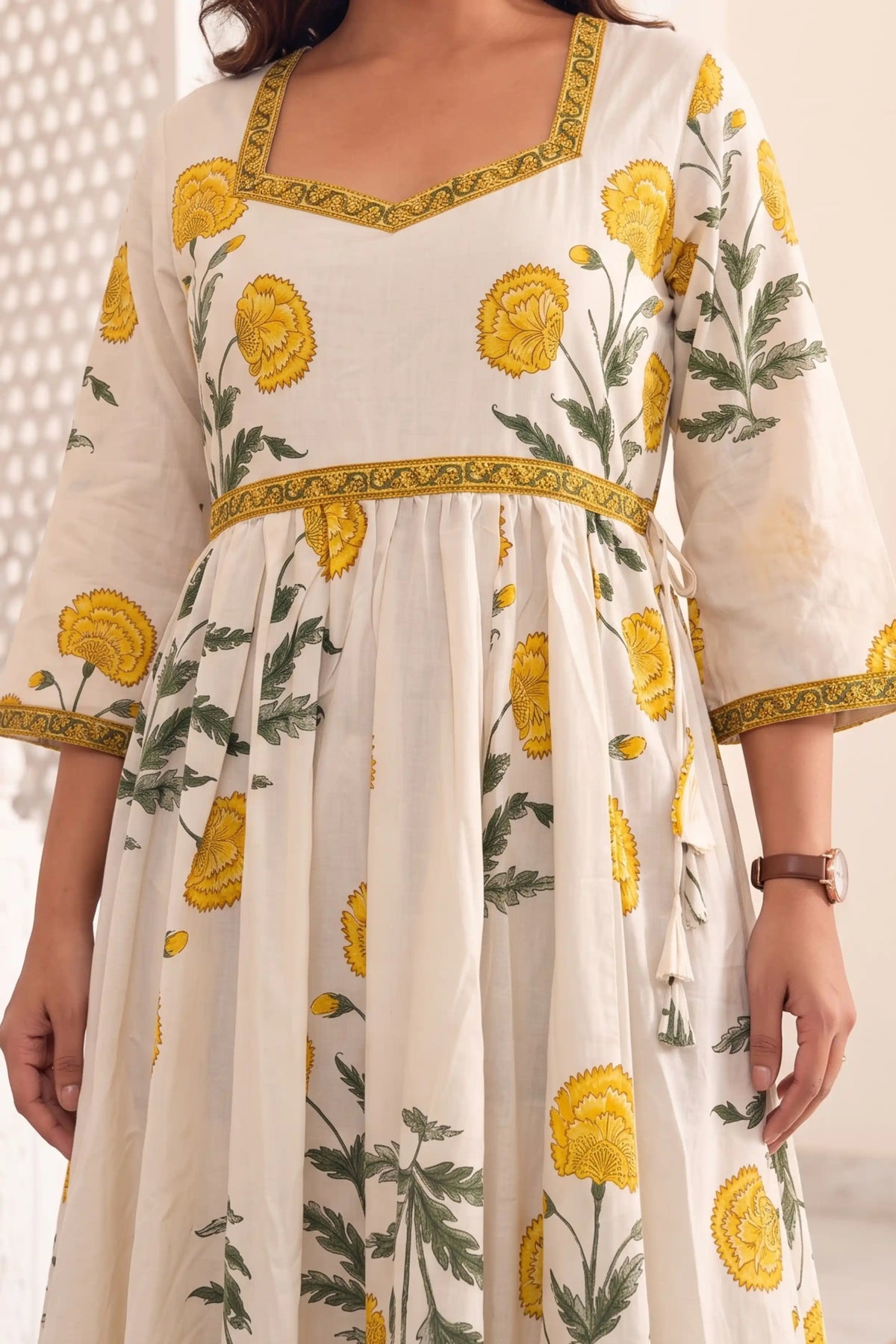 Yellow Hand-Printed Anarkali Maxi Dress