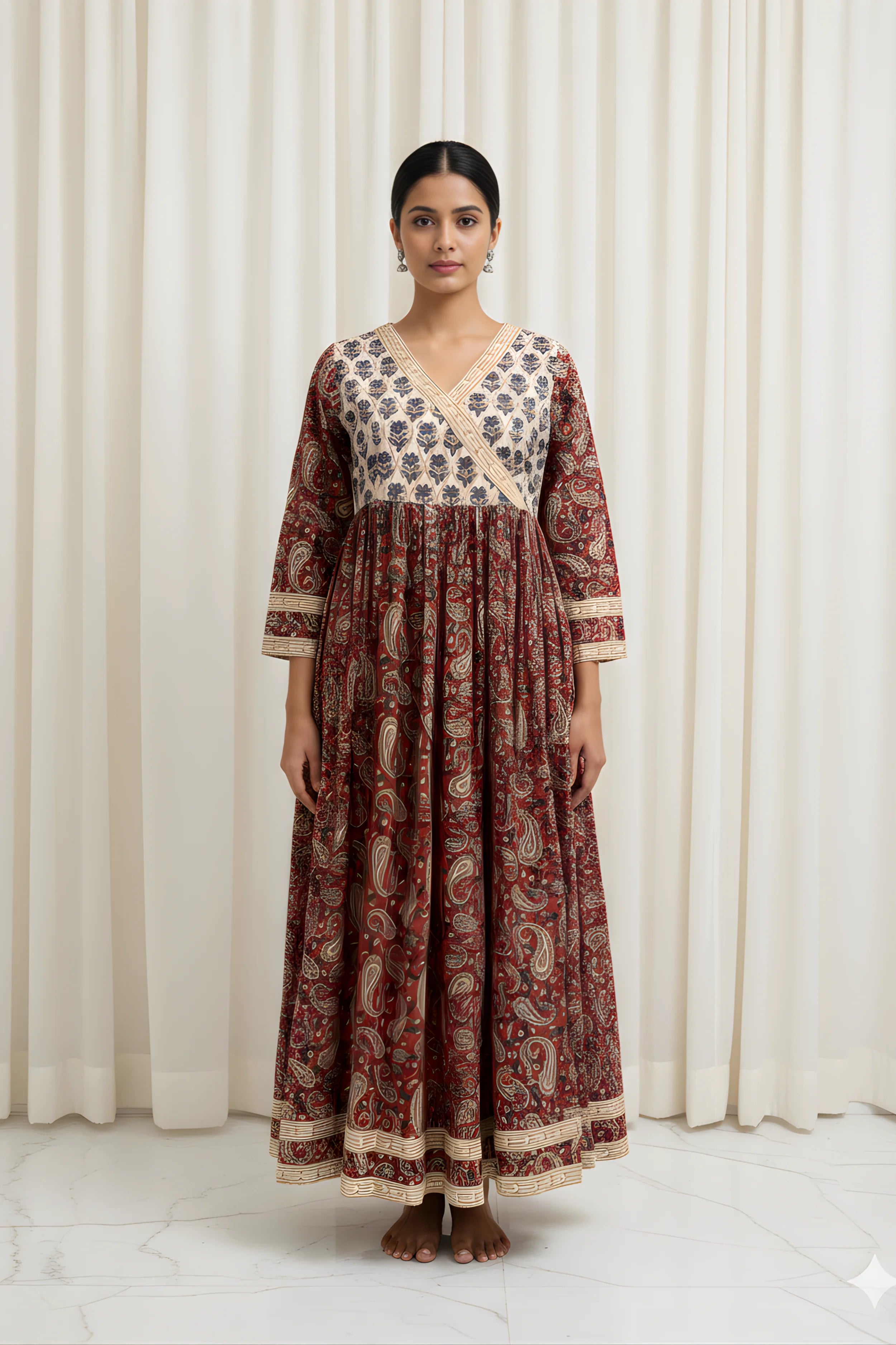 Red Hand Block Printed Anarkali kurta.