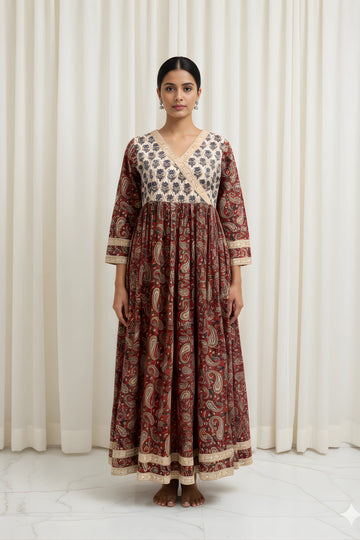 Red Hand Block Printed Anarkali kurta.