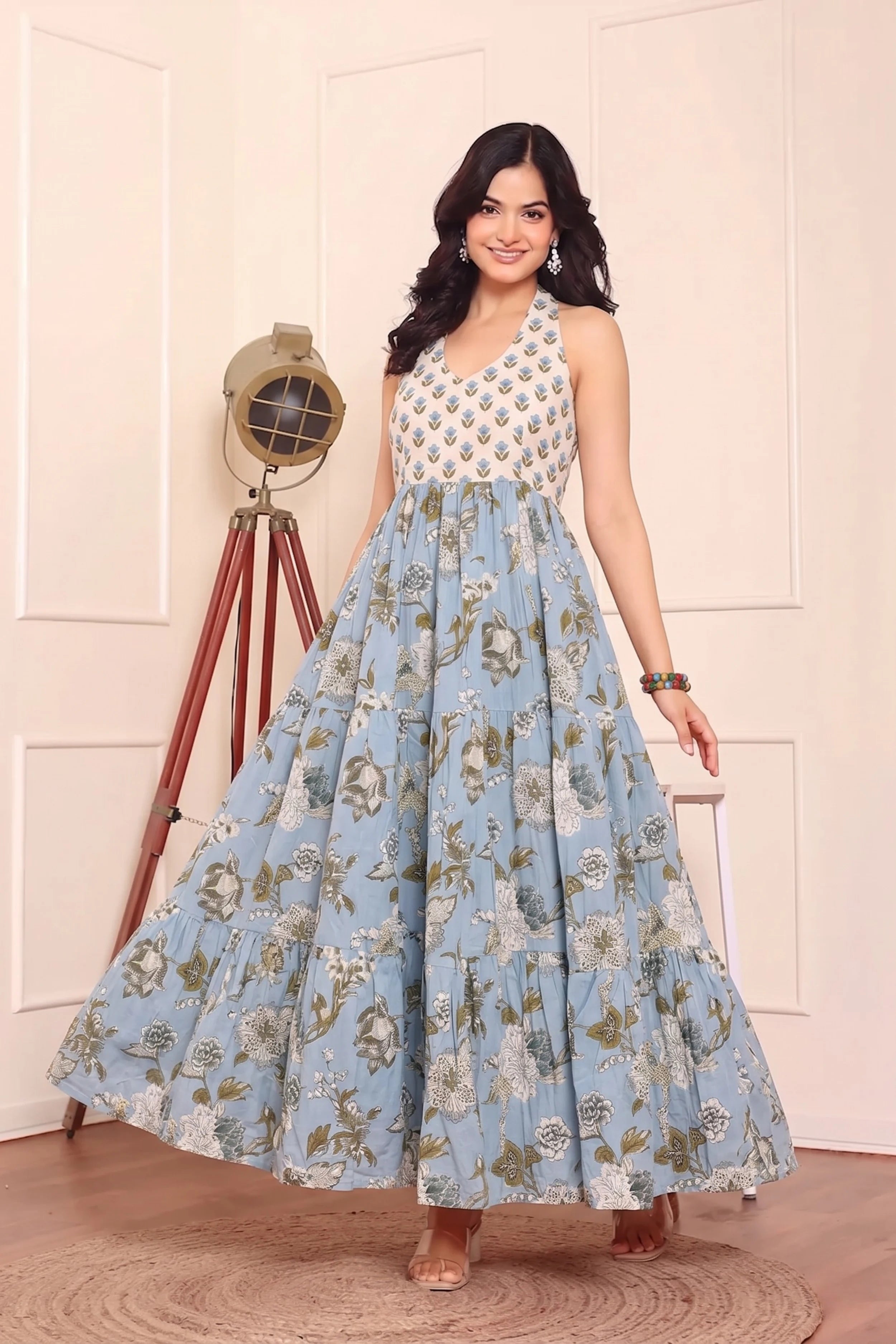 Blue Floral Hand Printed Halter Maxi Dress