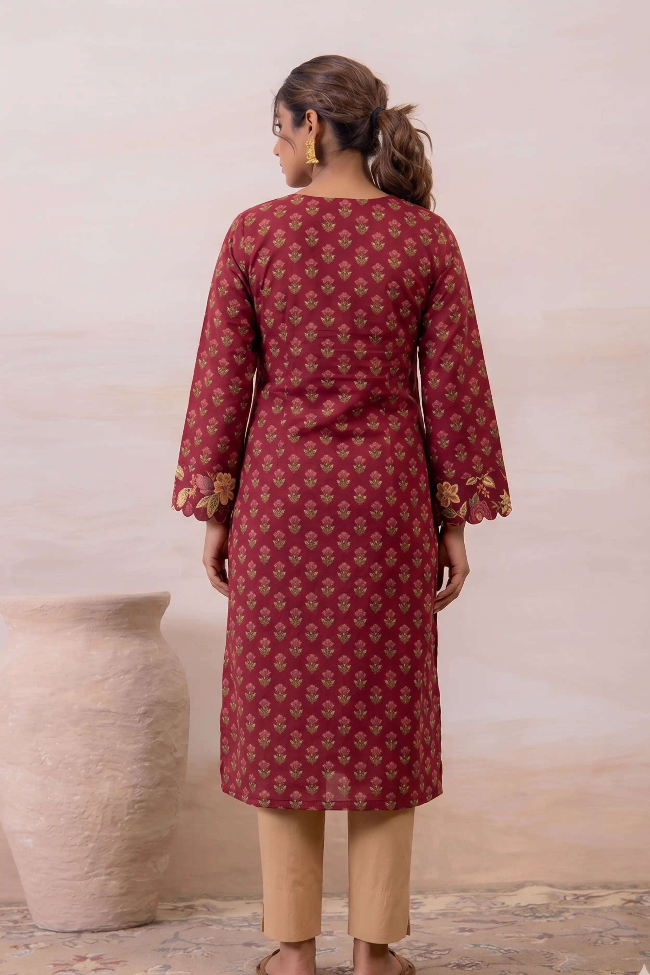 Wine Floral Printed Cotton Straight Kurta