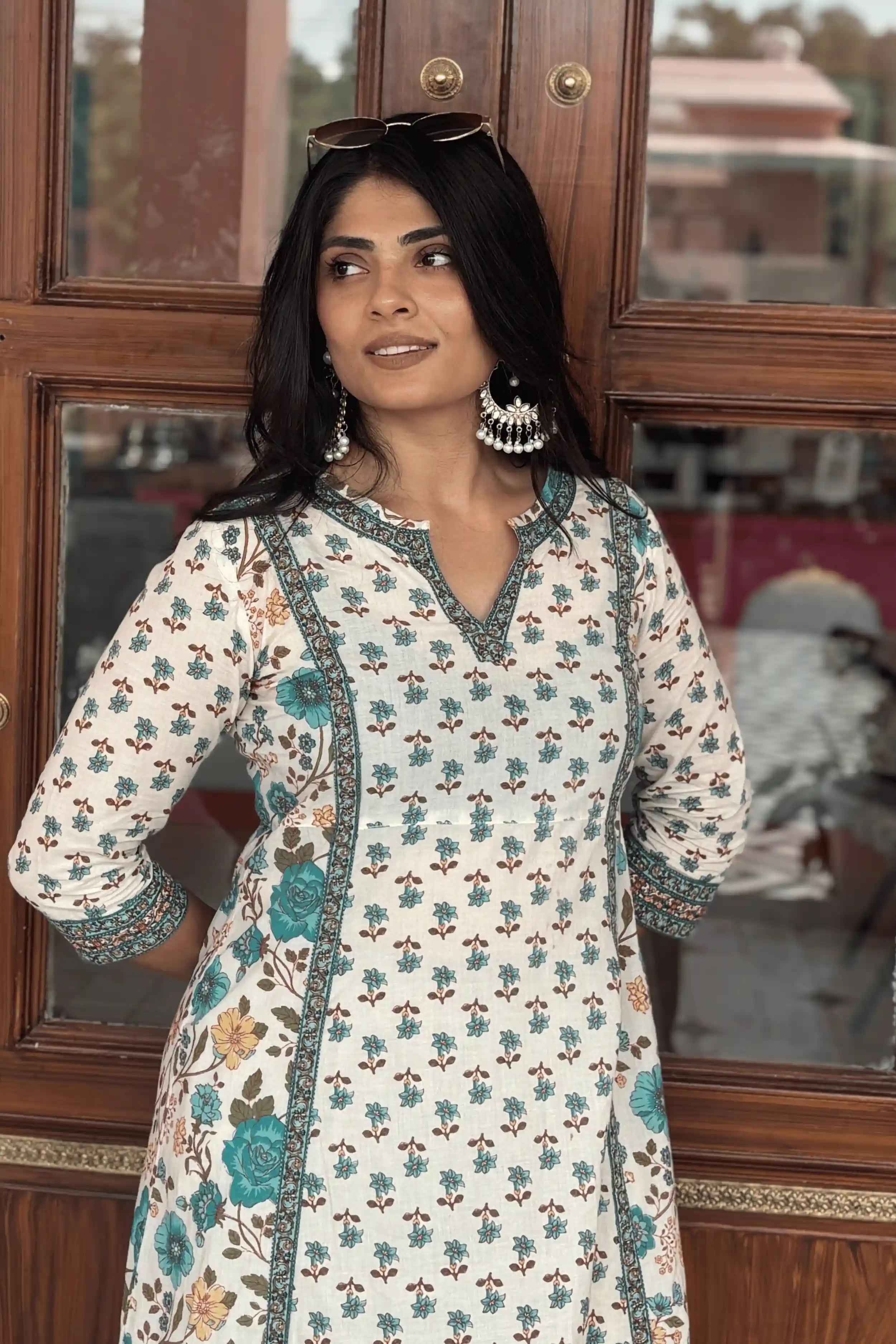Sea Green Hand Printed A-line Kurta