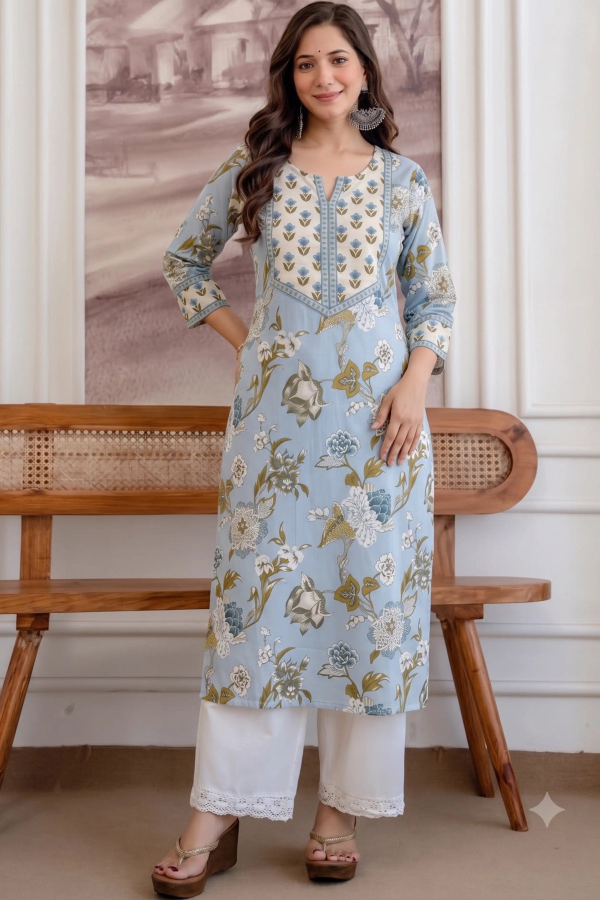 Cream Blue Hand Printed Straight cotton Kurta
