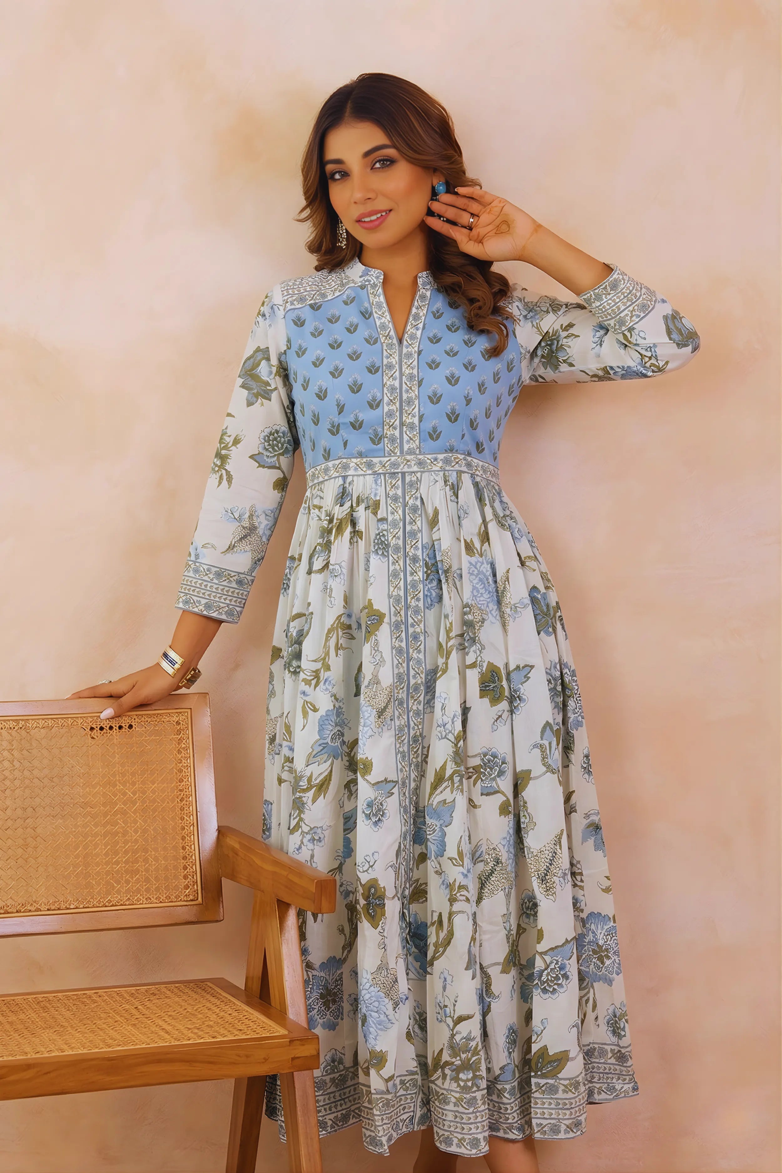 Sky Blue Anarkali Cotton Hand Block Printed Ethnic Maxi Dress