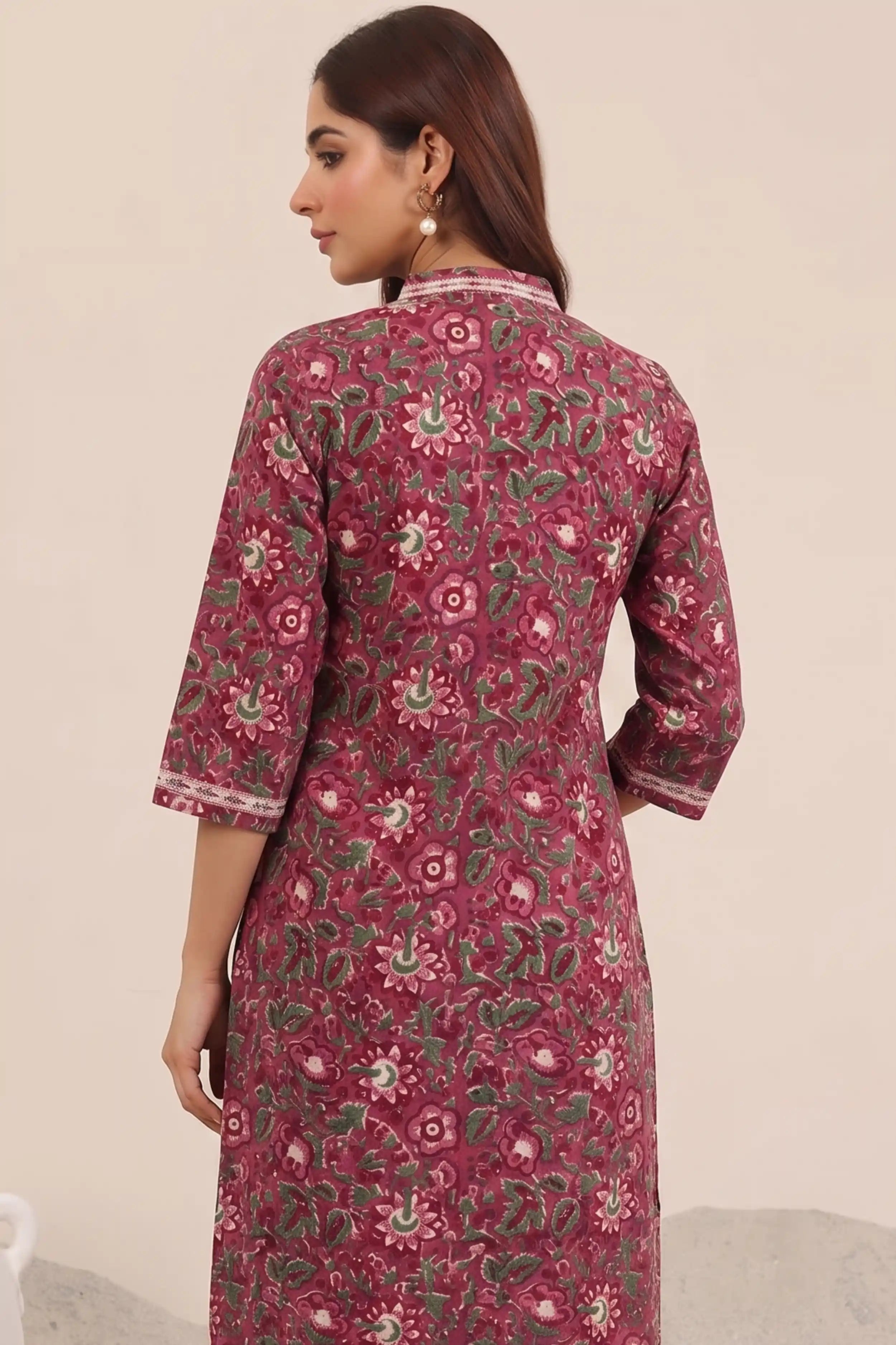 Maroon Hand Block Printed Straight Cotton Kurta Pant Set (2 Pcs)
