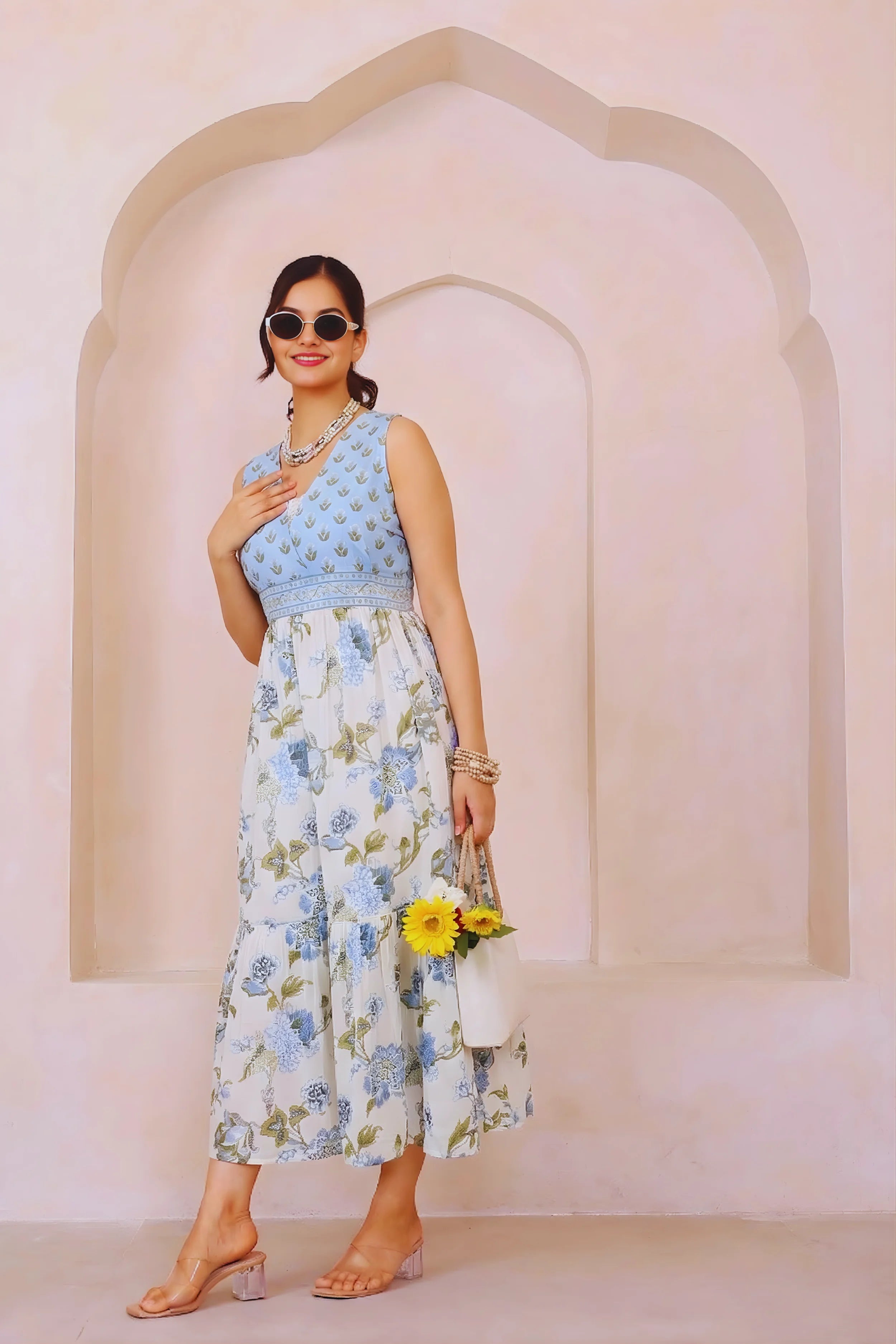 Light Blue Floral Hand Printed Cotton Sleeveless Dress