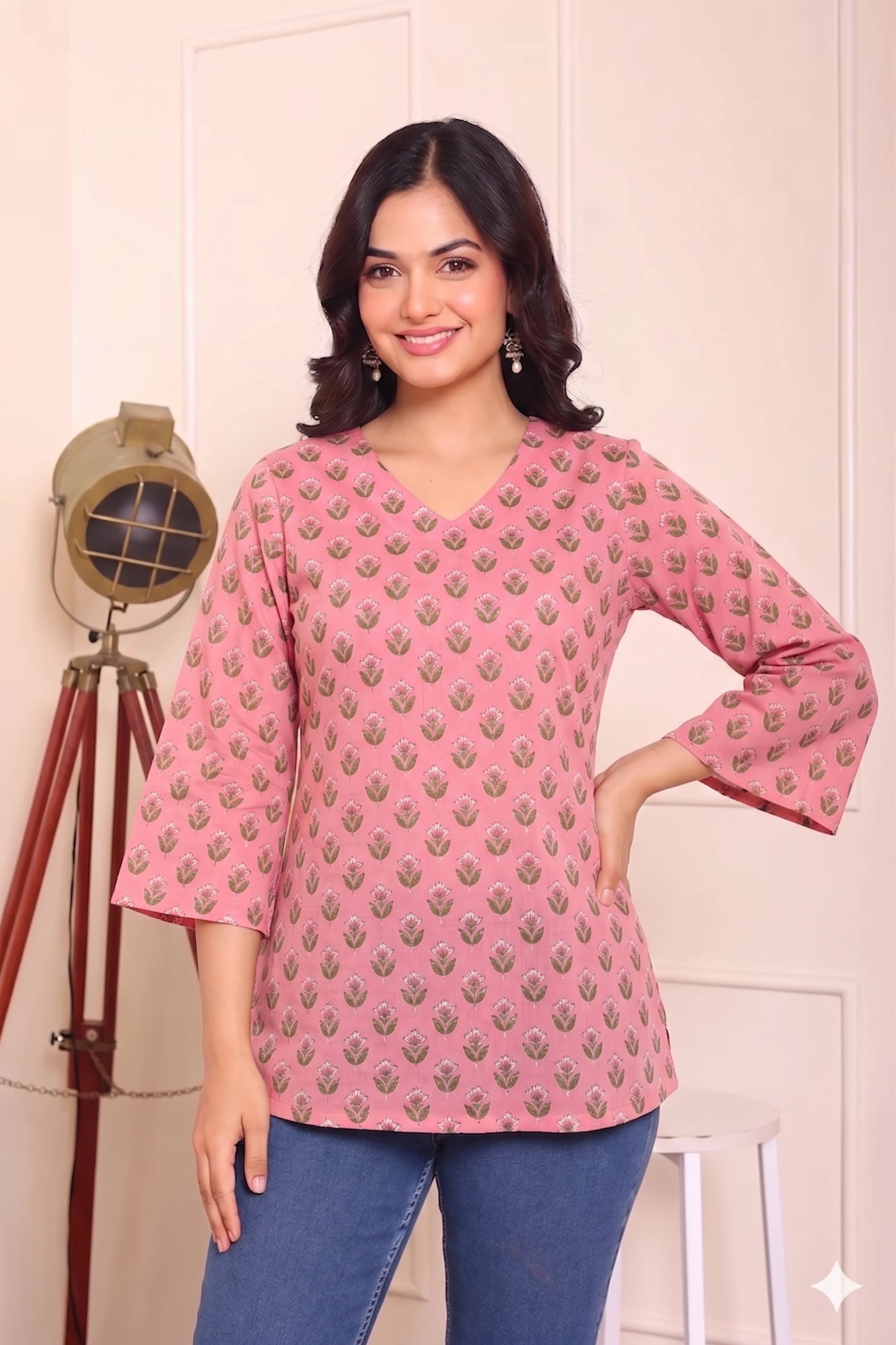 Pink Hand Printed Short Kurti