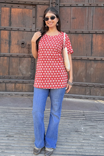 Red Hand Block Printed Cotton Top with Round Neck & Adjustable Back Corset Detail