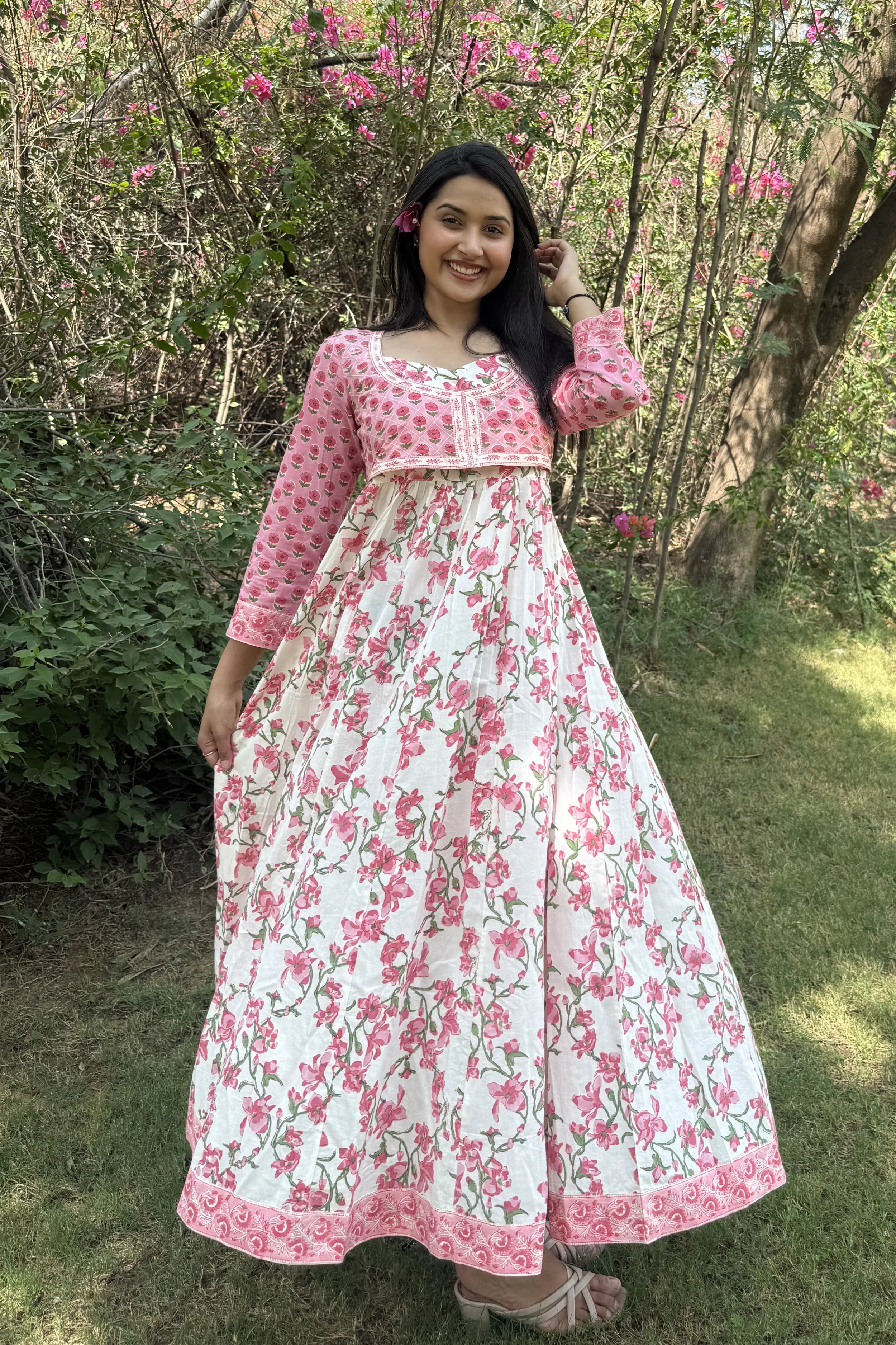 Baby Pink Hand Block Floral Printed Anarkali Maxi Kurta