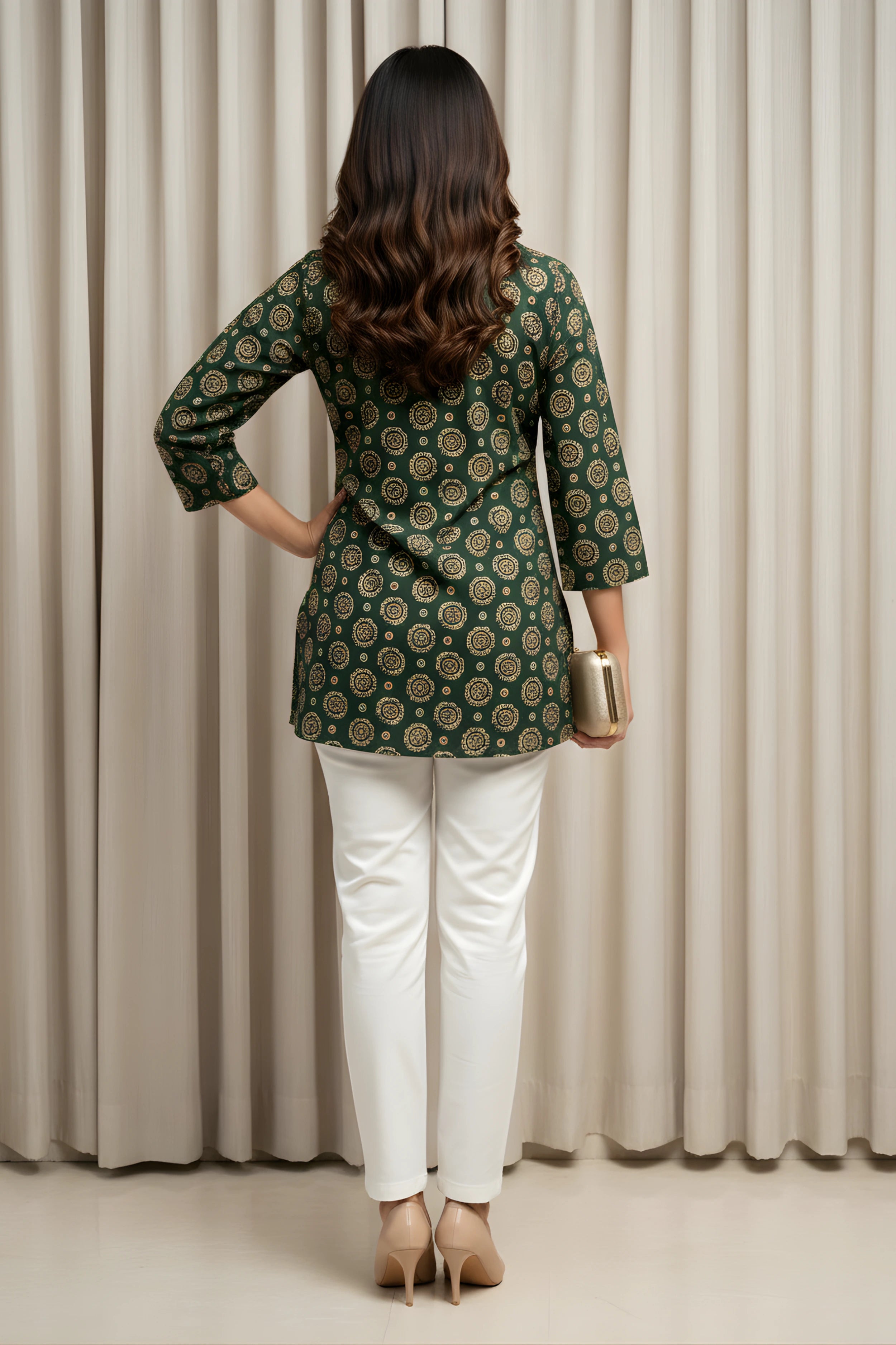 Green Hand Printed Short Kurti