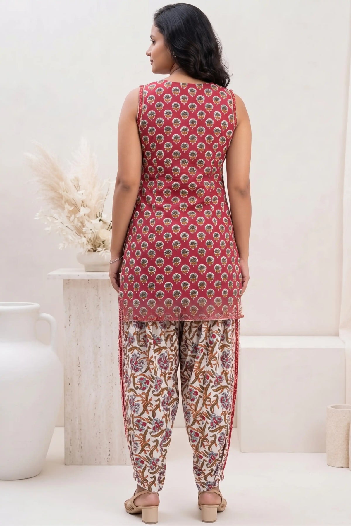 Red Sleeveless Round Neck Kurti with Trouser