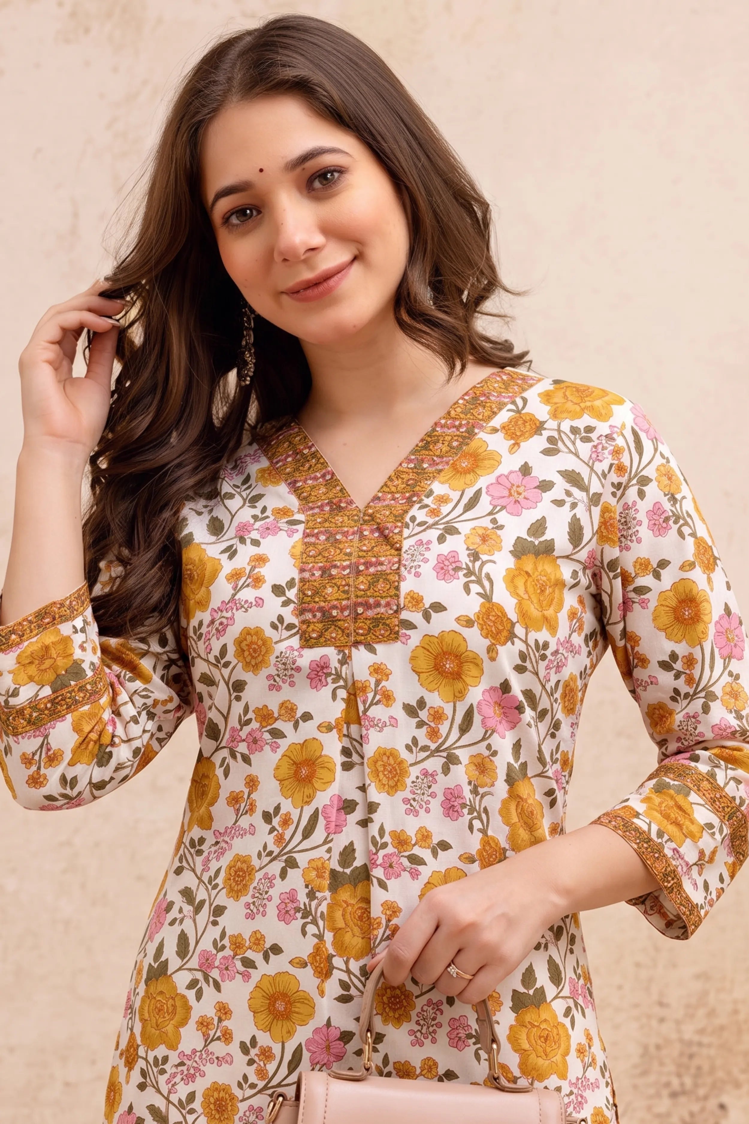 Yellow Floral V-Neck Hand Printed Straight Kurta