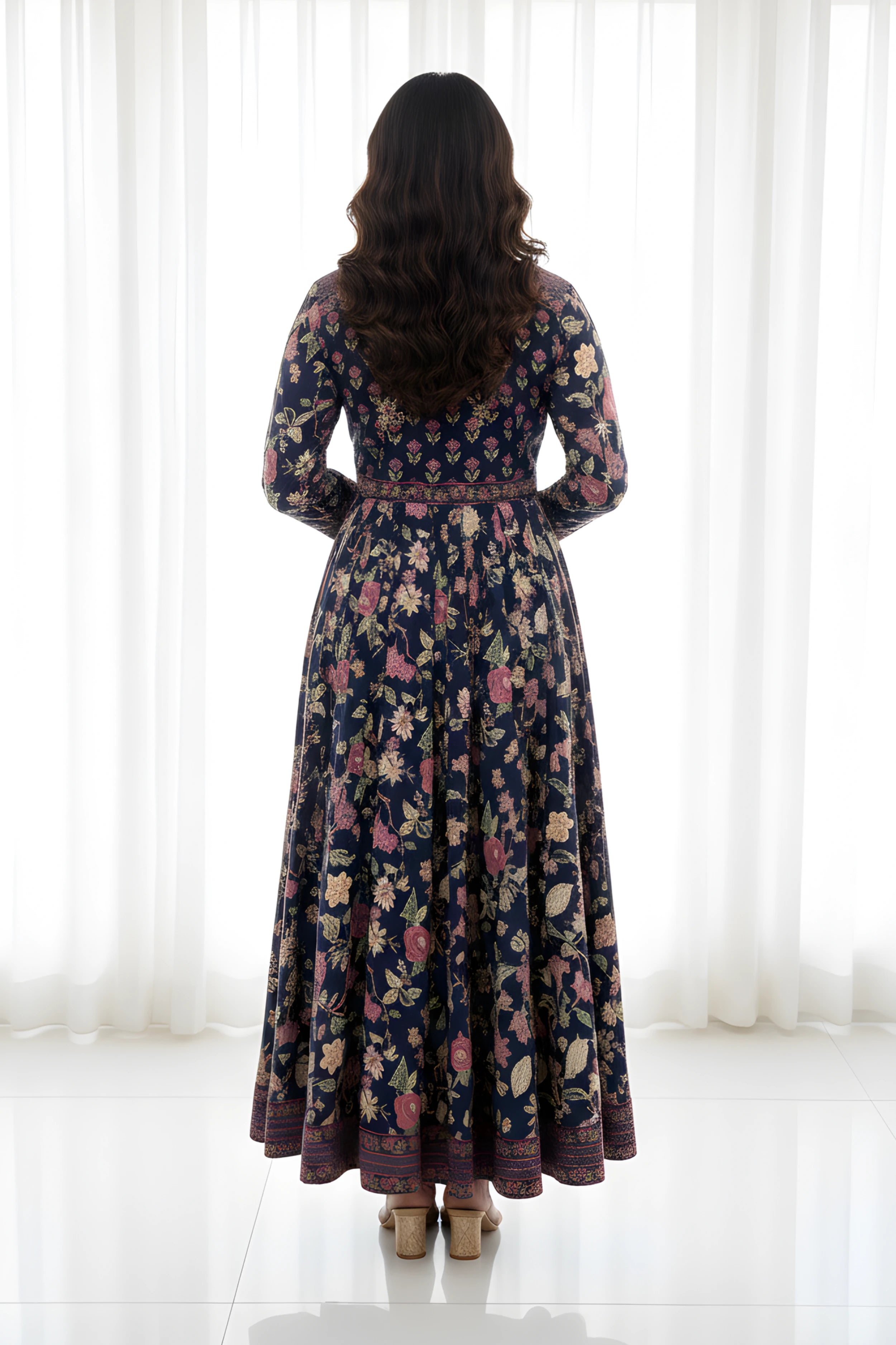 Navy Anarkali Cotton Hand Block Printed Ethnic Maxi Dress