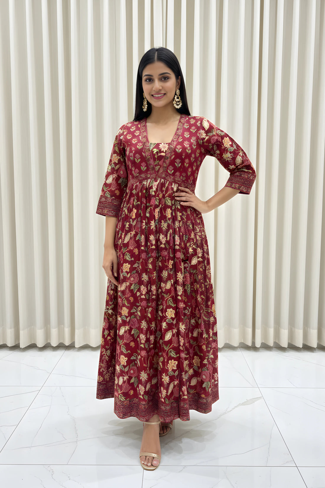 Wine Flared Anarkali Cotton Kurta with Floral Print