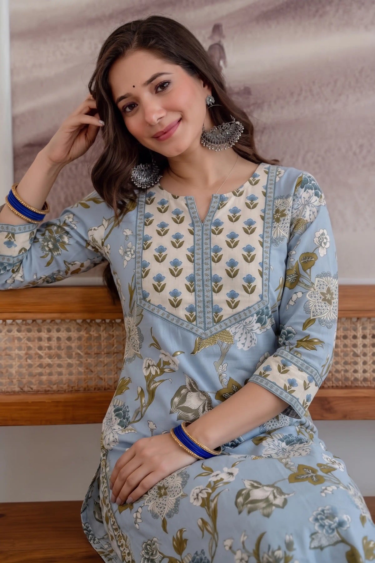 Cream Blue Hand Printed Straight cotton Kurta