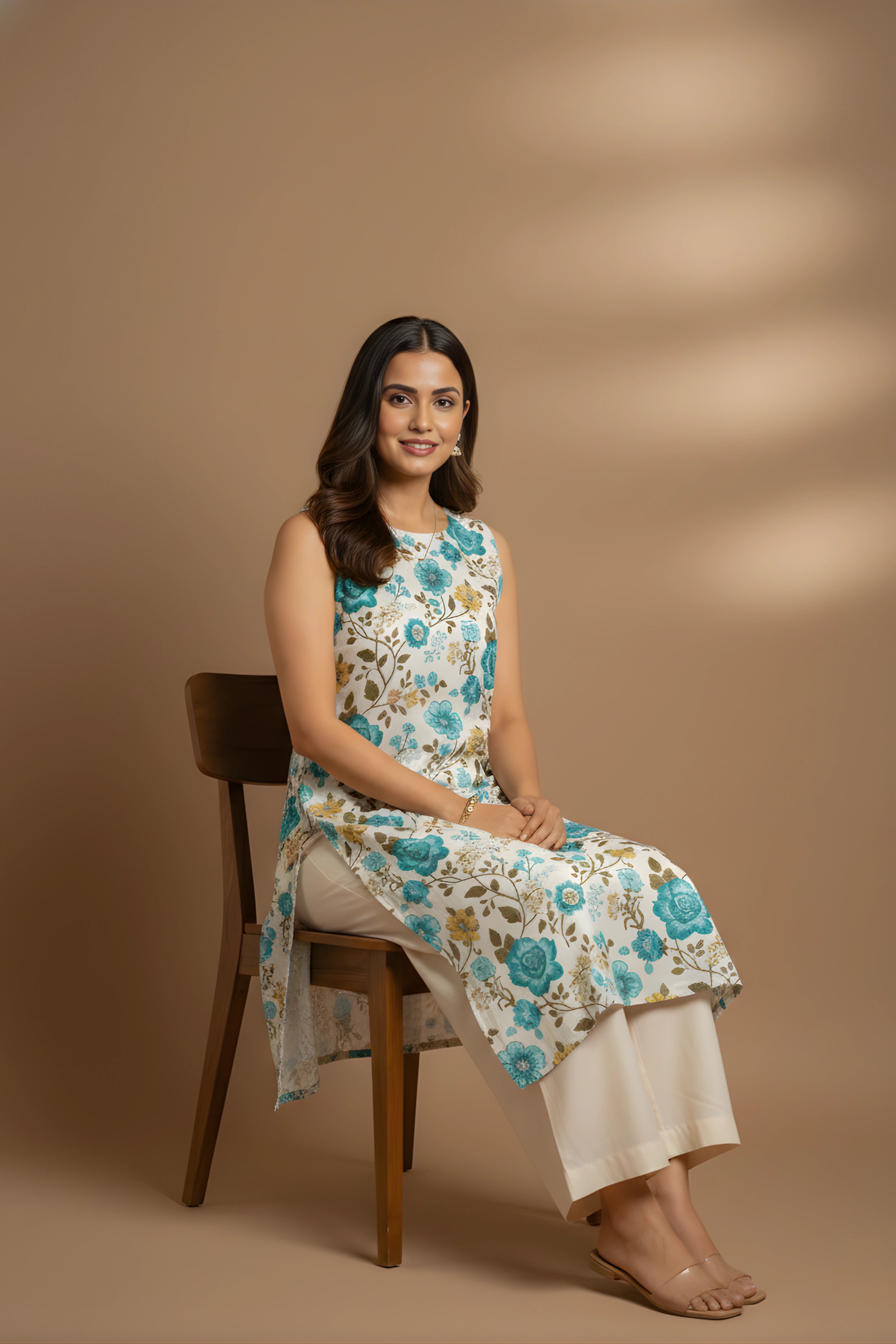 Green Hand Printed Sleeveless Straight Kurta