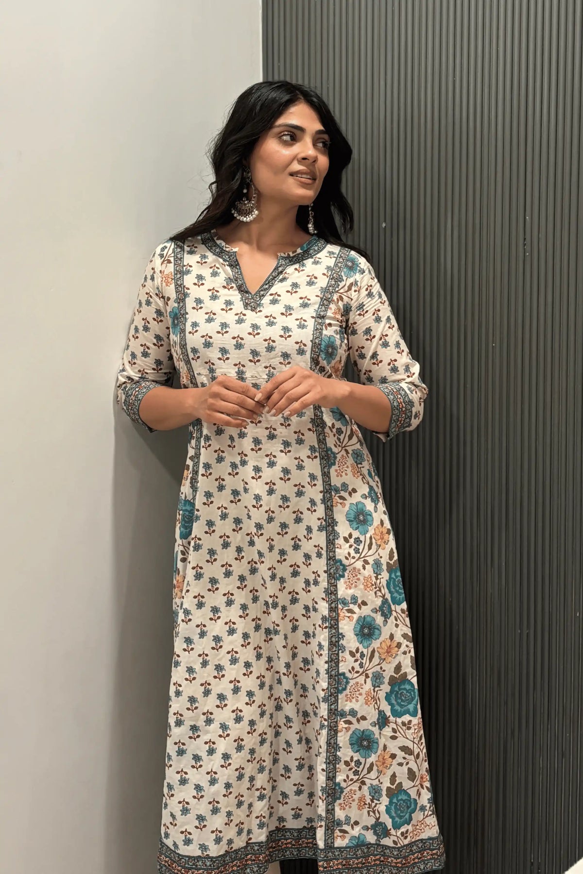 Sea Green Hand Printed A-line Kurta
