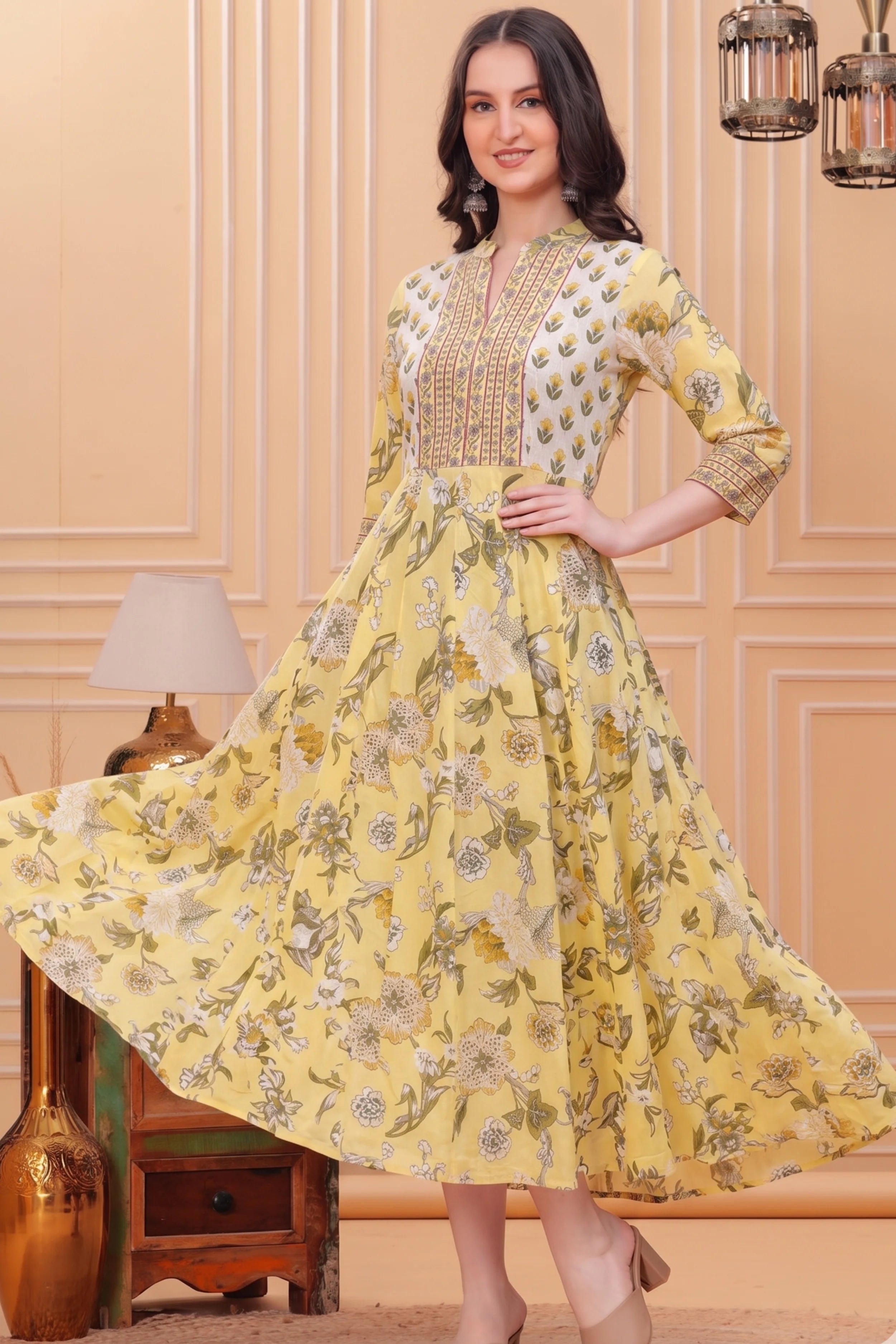 Yellow Floral Hand Printed Anarkali Maxi Dress