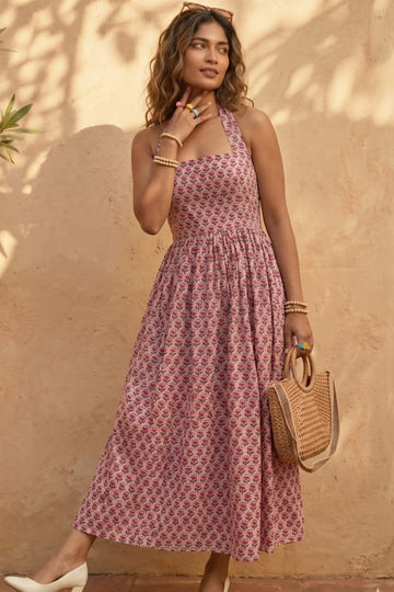 Dusty Rose Hand-Block Print Halter Neck Midi Dress