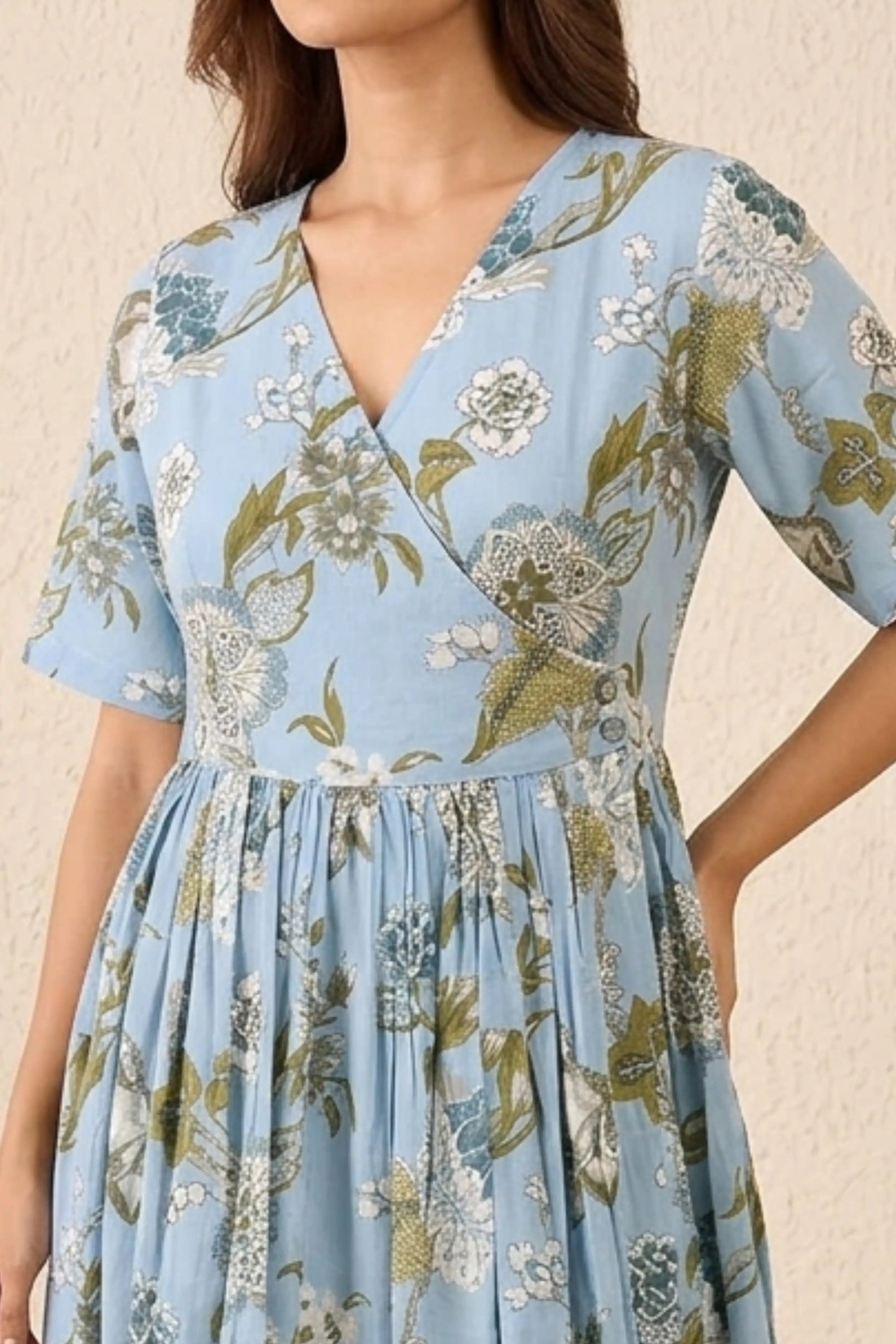 Blue Hand Printed V-Neck Midi Dress In Angrakha style