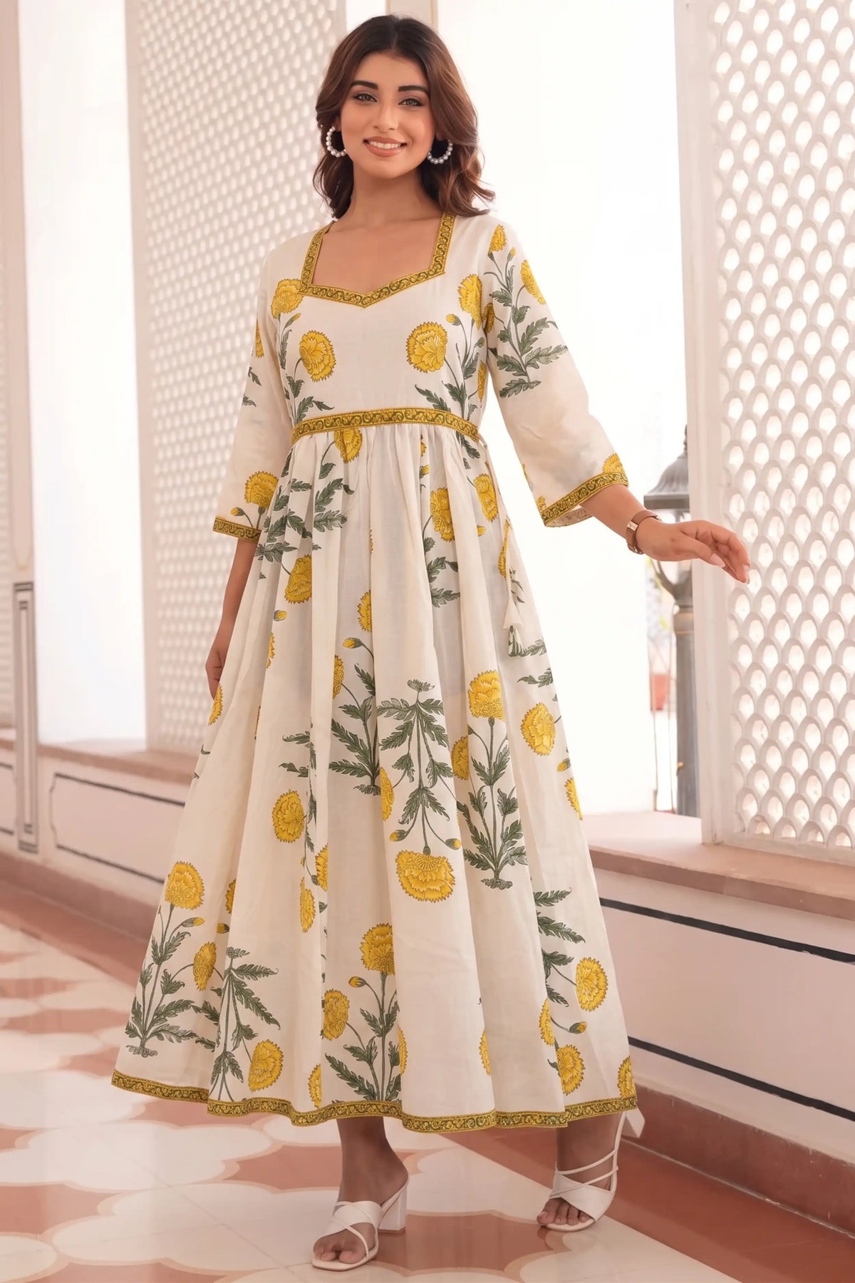 Yellow Hand-Printed Anarkali Maxi Dress