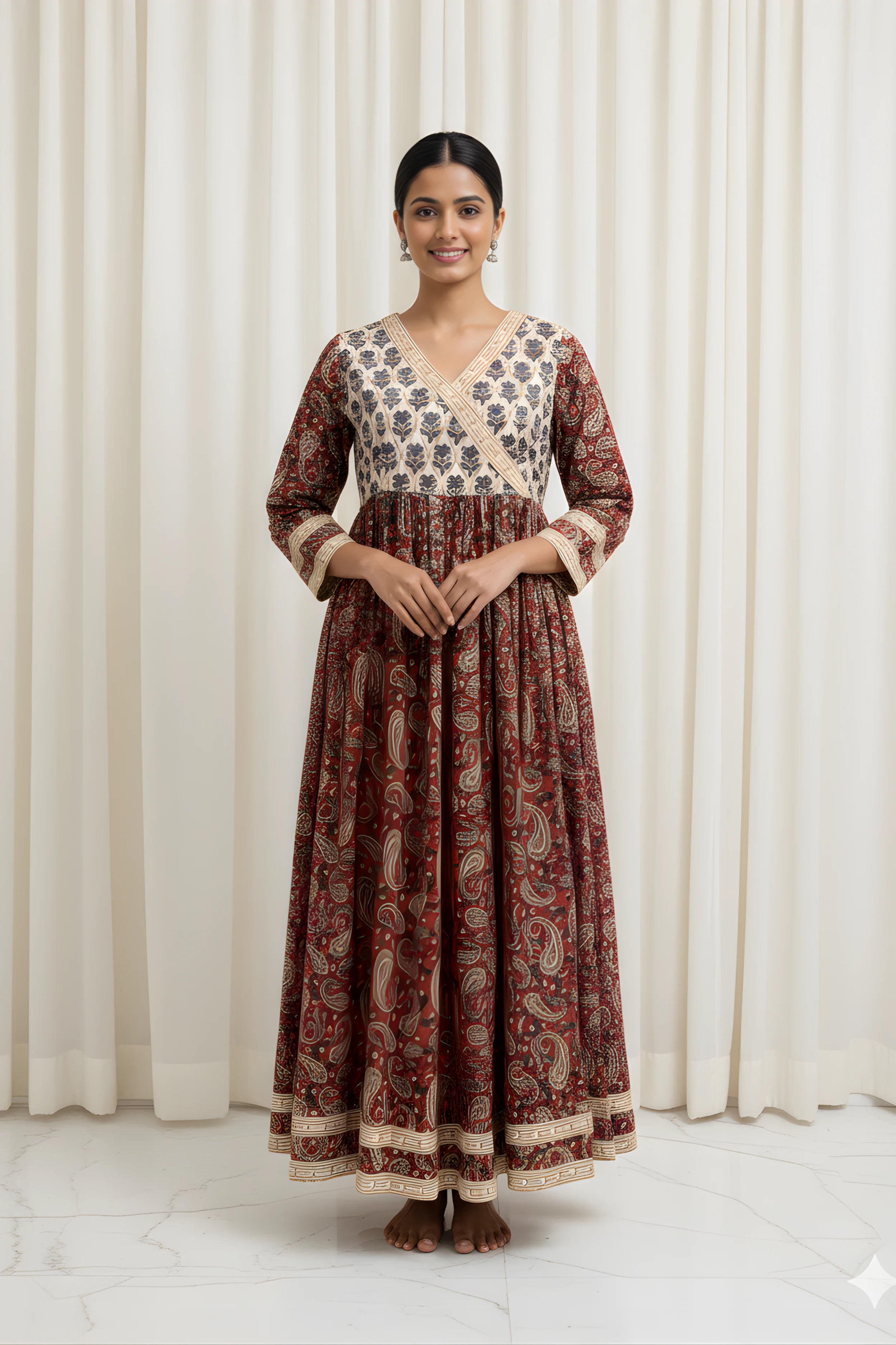 Red Hand Block Printed Anarkali kurta.