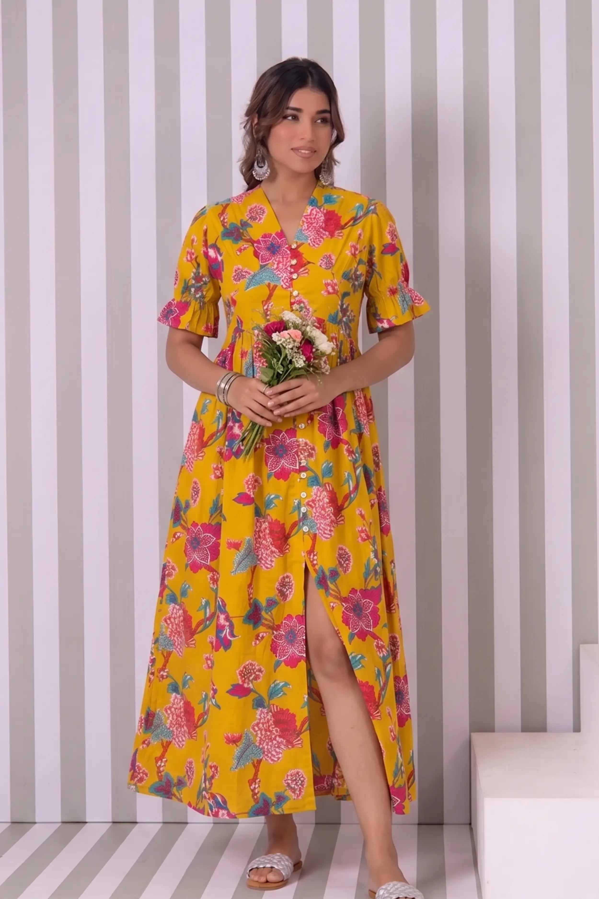 Mustard Hand Printed V-Neck Front-Open Long Dress
