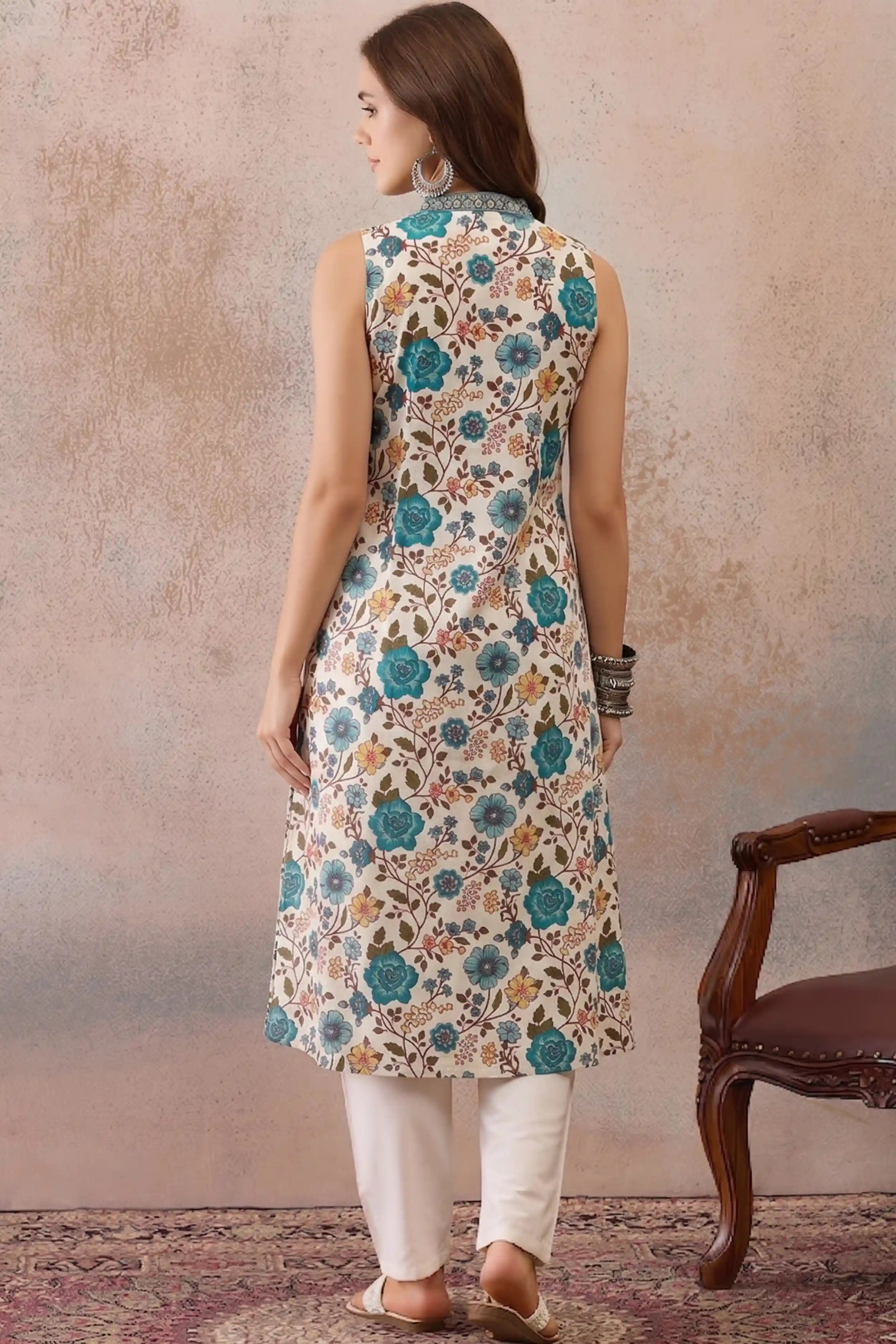 Green V-Neck Sleeveless A line kurta With Pocket