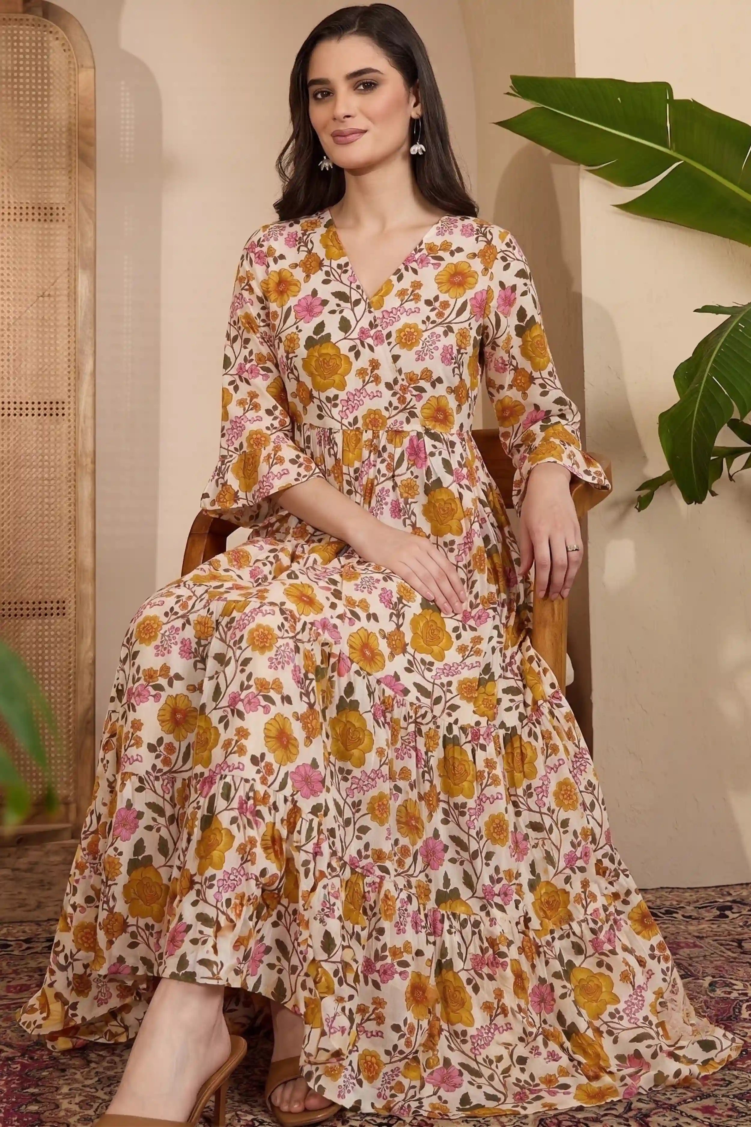 Yellow Long Printed Tired Dress With Gather