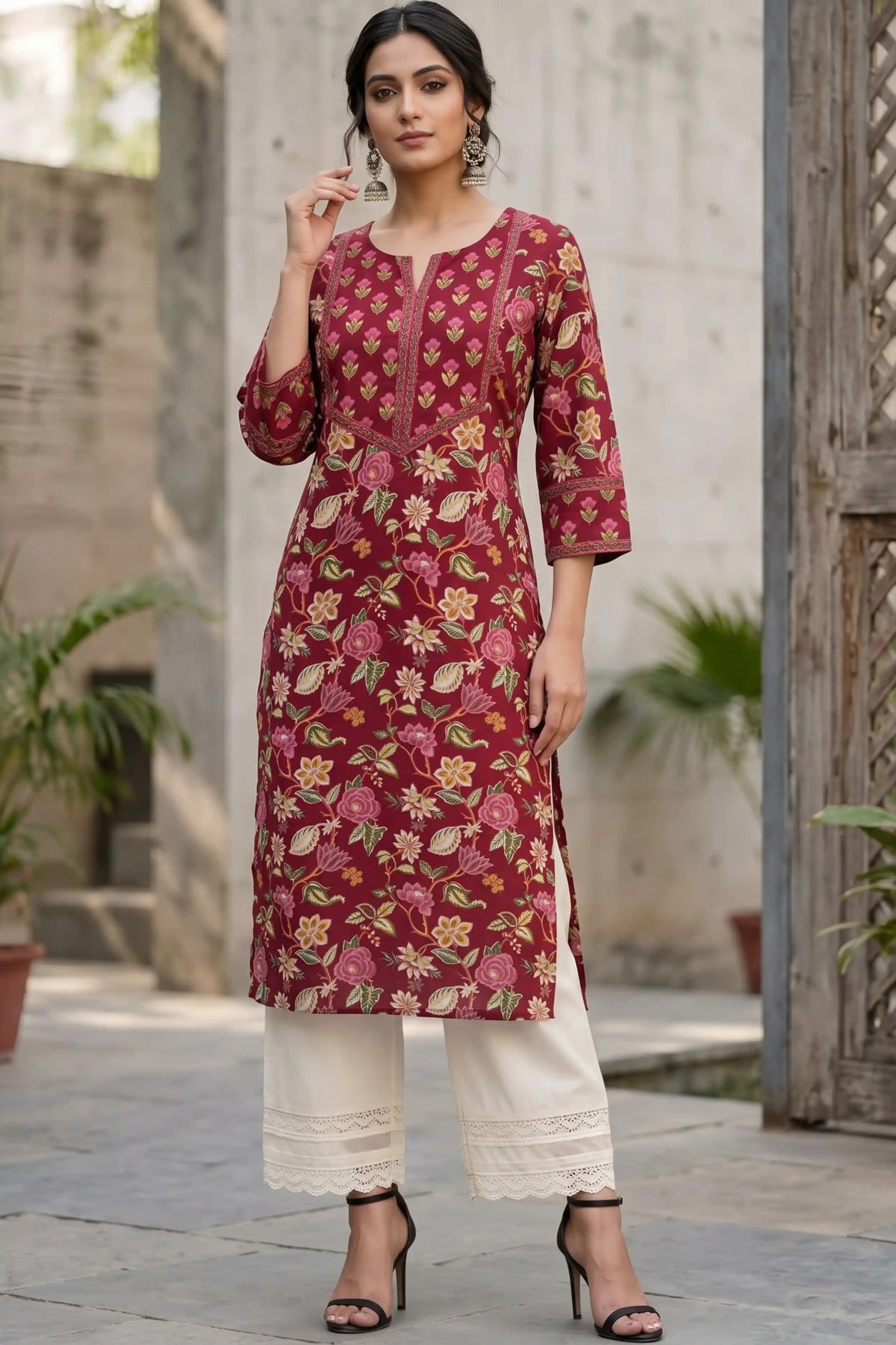 Wine Hand Printed Straight cotton Kurta