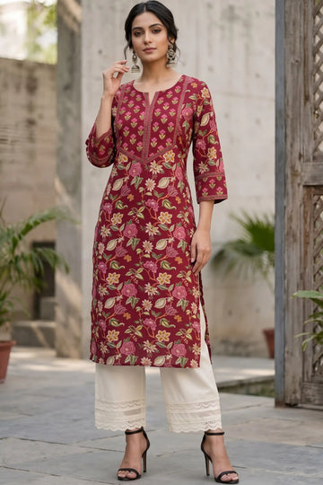 Wine Hand Printed Straight cotton Kurta