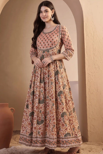 Peach Hand Block Printed Anarkali Dress with Peacock Motifs