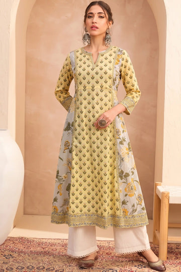 Light Yellow Hand Printed A-line Kurta