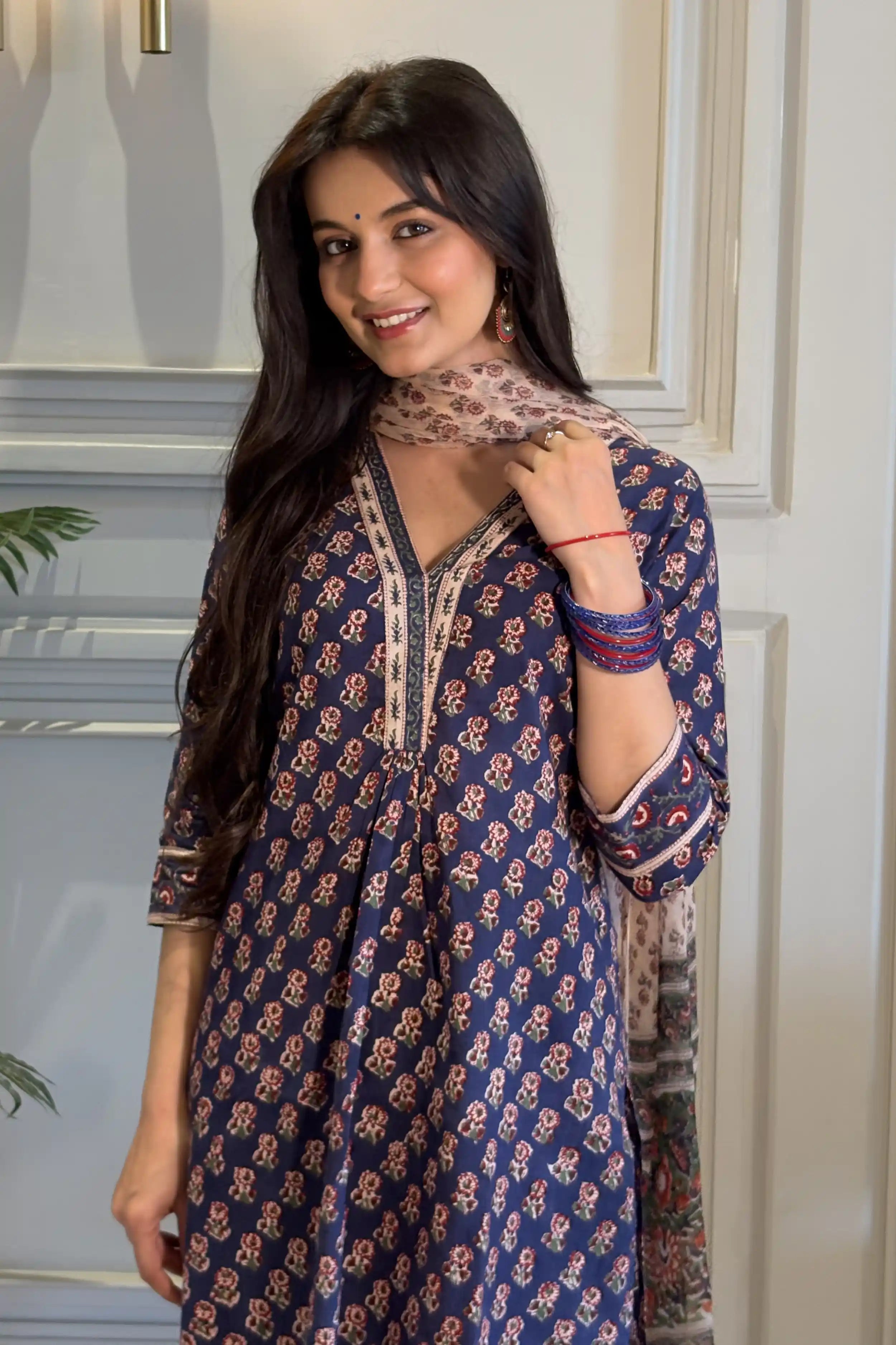 Royal Blue Hand Block Printed Straight Kurta Set with Dupatta
