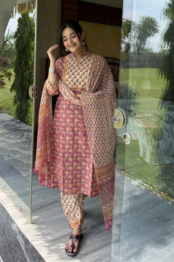 Coral Rust Hand Block Kurta Set with Chiffon Dupatta