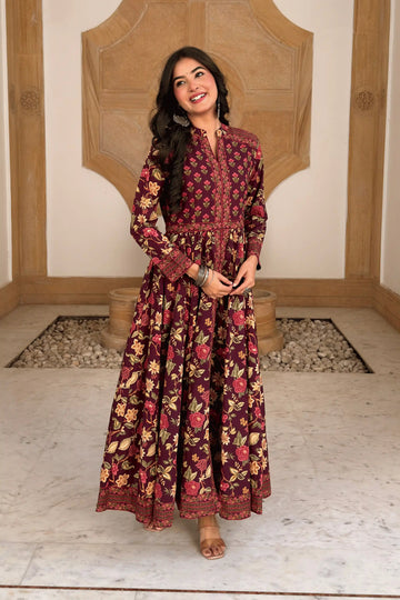 Burgundy Anarkali Cotton Hand Block Printed Ethnic Maxi Dress