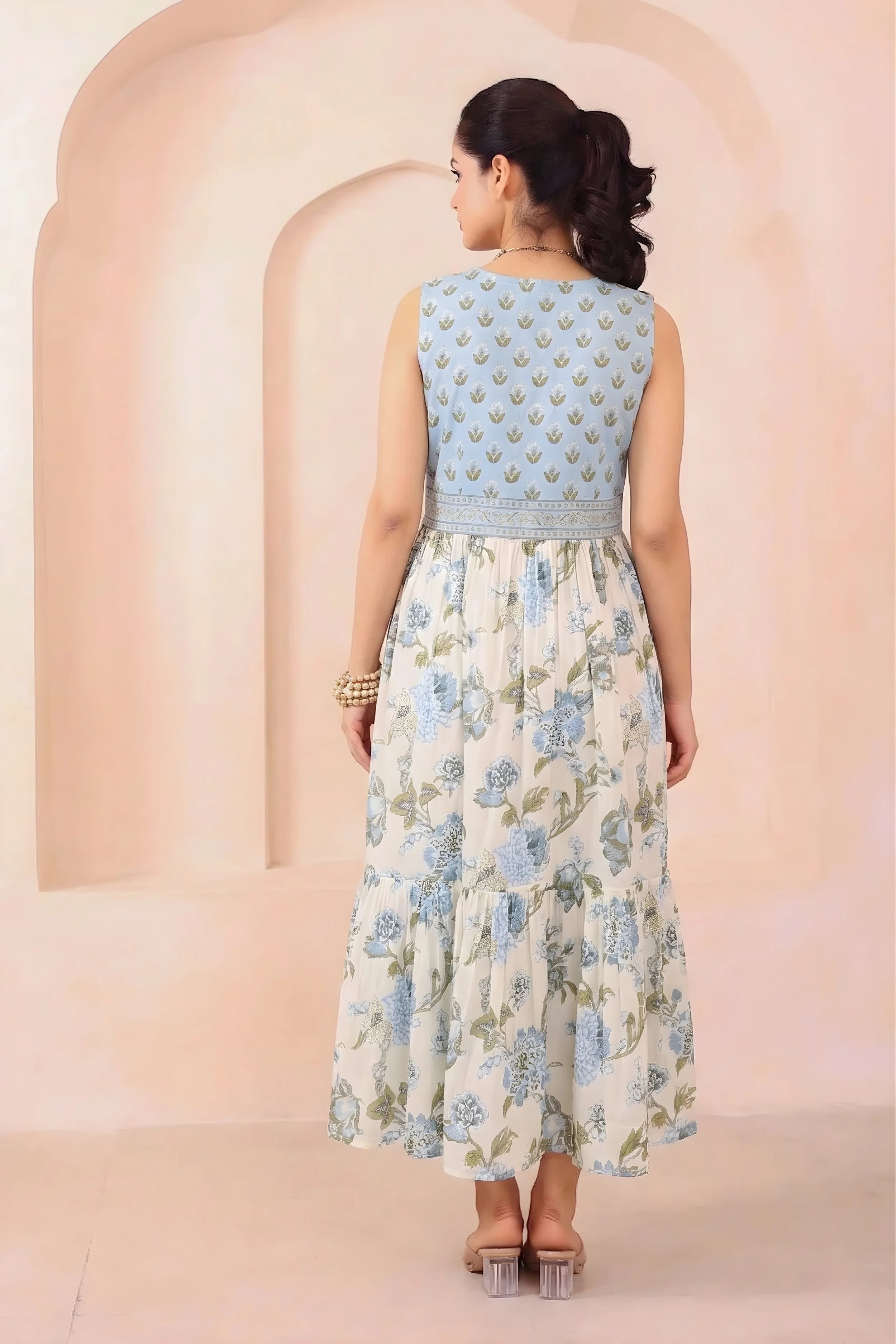 Light Blue Floral Hand Printed Cotton Sleeveless Dress
