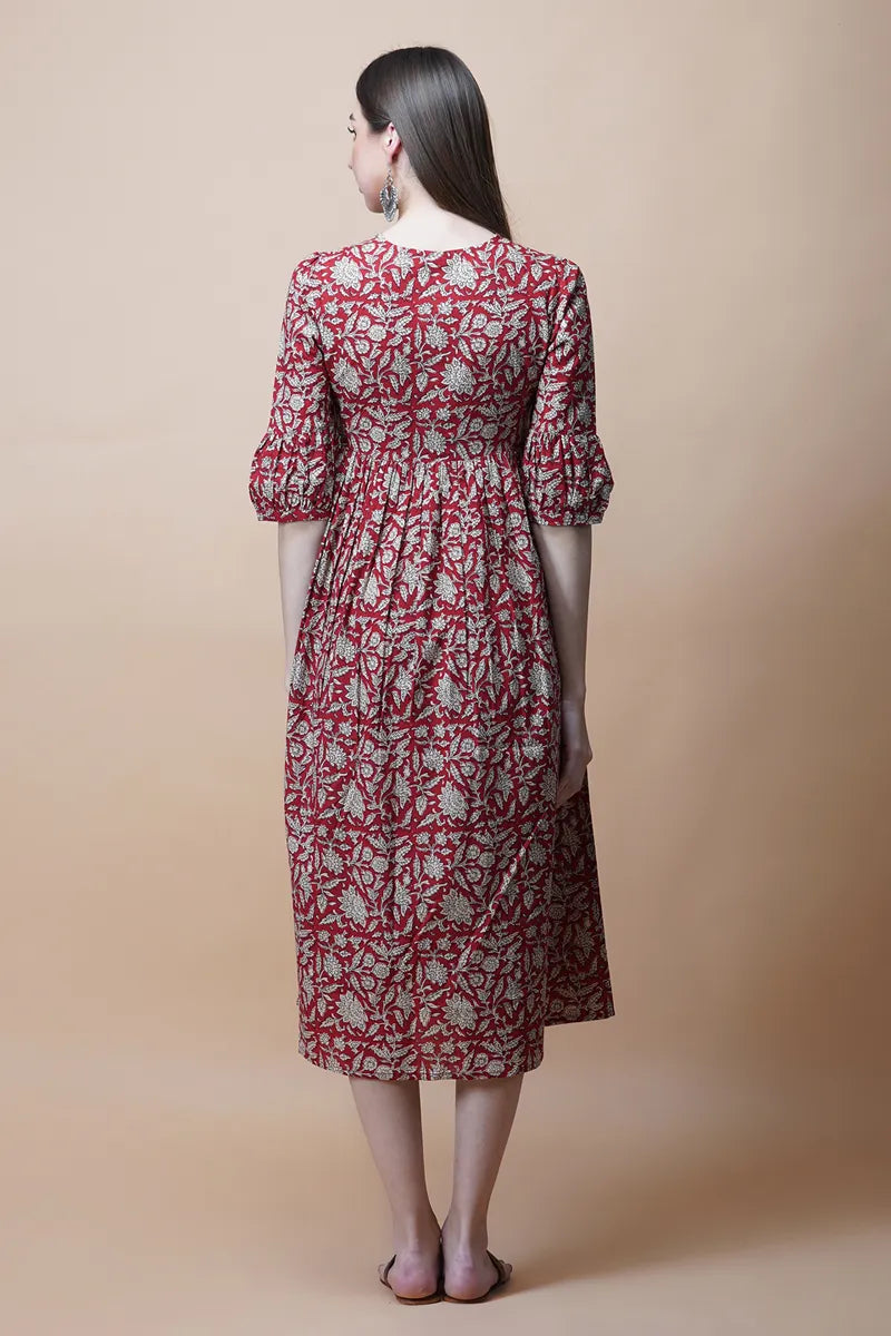 Red Block Printed V-Neck Dress With Flared Hem & Pleated Sleeves