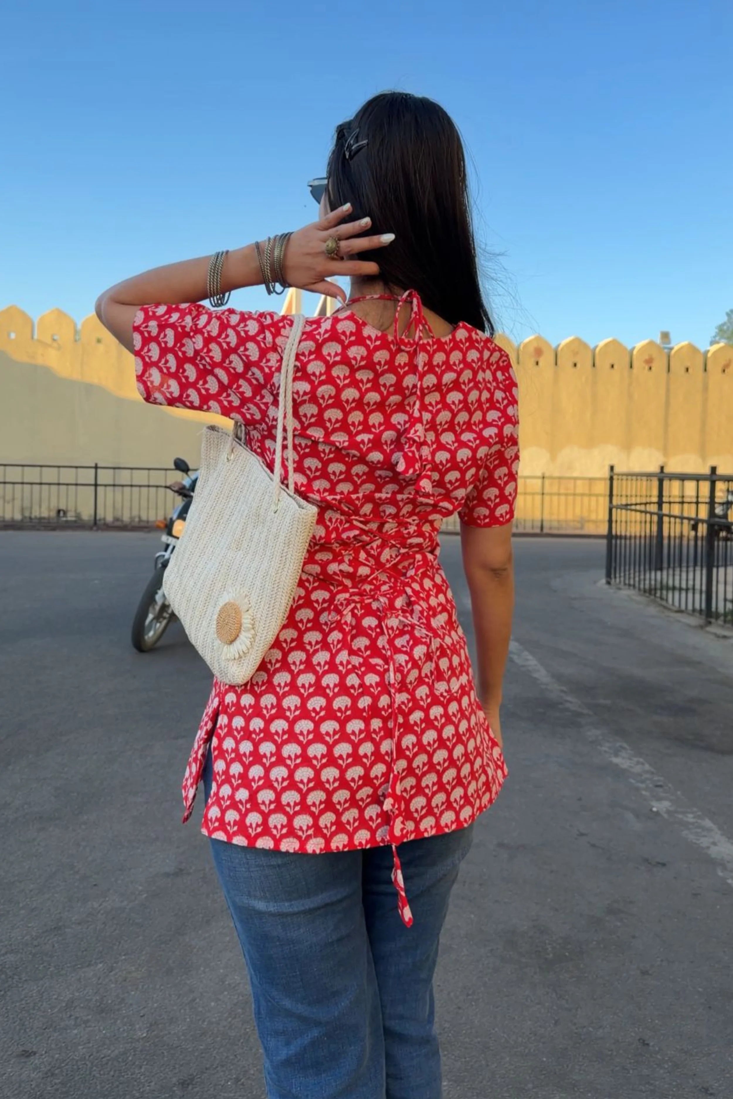 Red Hand Block Printed Cotton Top with Round Neck & Adjustable Back Corset Detail